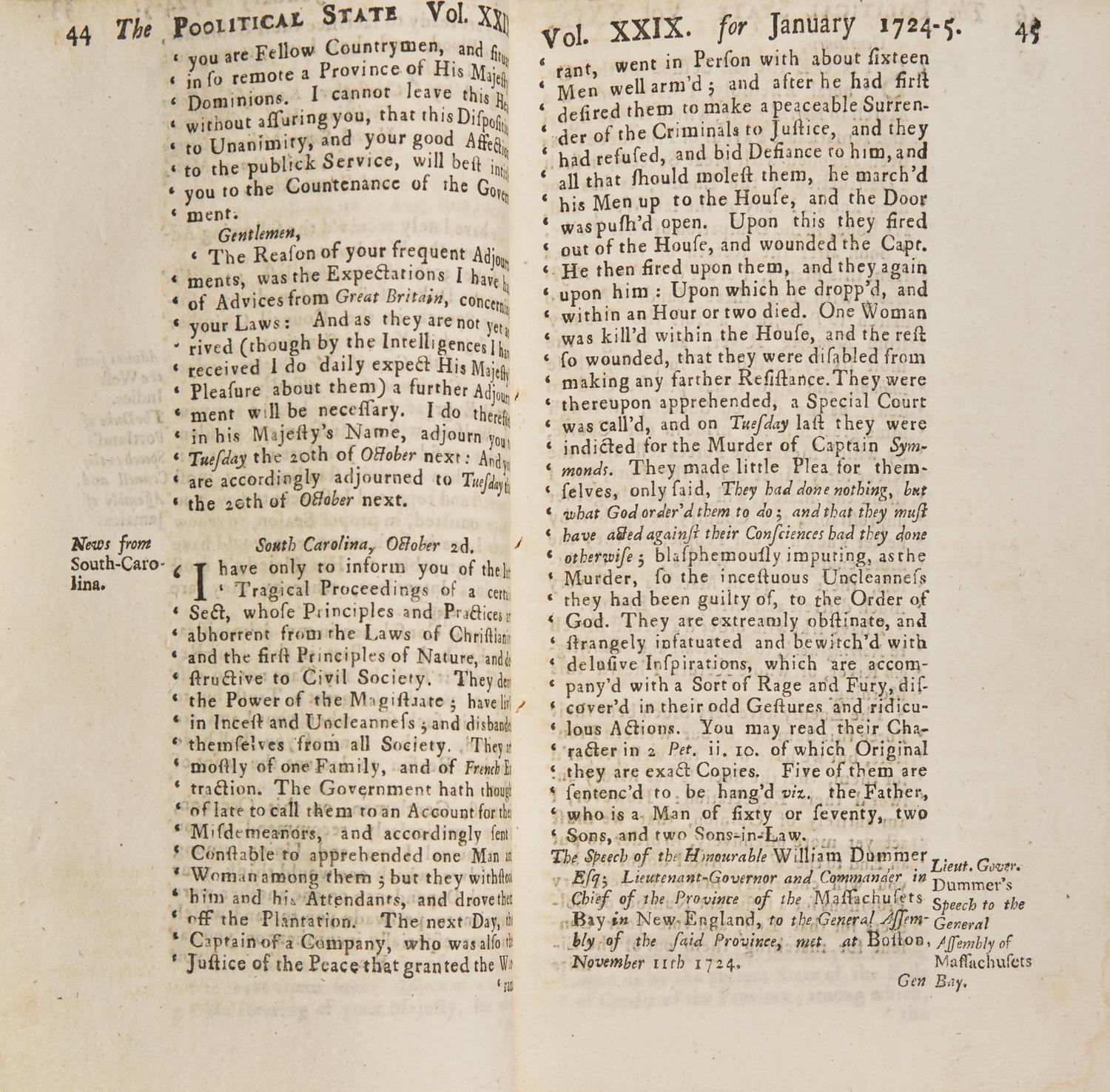 [Native-Americana] Scarce Bound Volume of 5 Issues of Early English Periodical The Political State of Great Britain , Including a Report of Native American Violence in the Colony of South Carolina, etc.