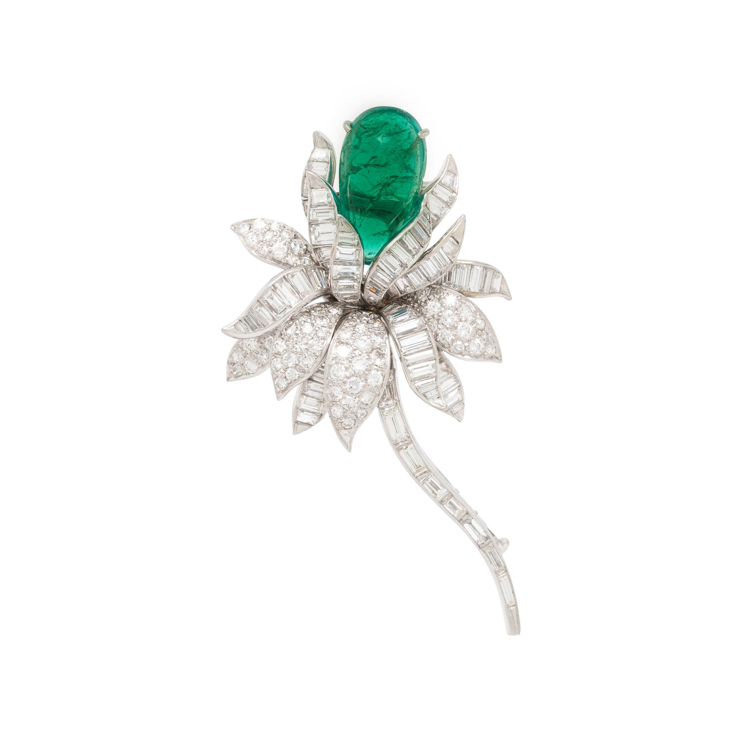 DAVID WEBB, EMERALD, DIAMOND, AND PLATINUM FLOWER BROOCH
