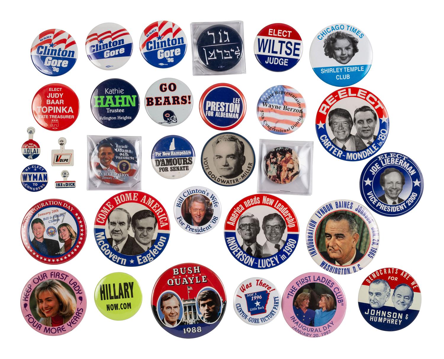 [POLITICS]. A group of over 100 political buttons, including: