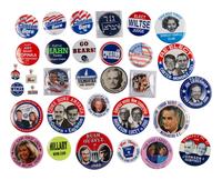 [POLITICS]. A group of over 100 political buttons, including: