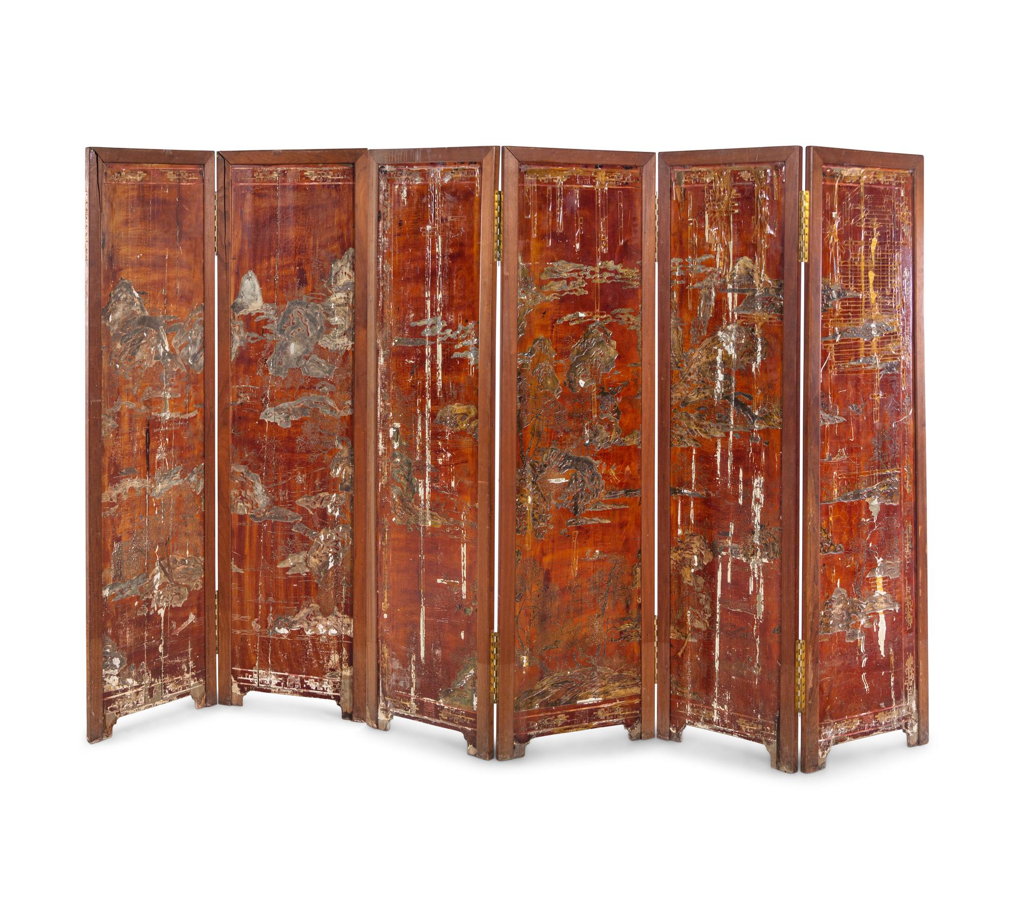 A Chinese Lacquer Six-Panel Floor Screen