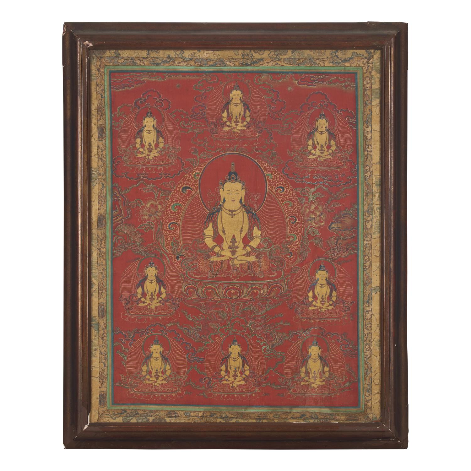 A Tibetan Red-Ground Thangka Depicting Amitayus, Late 18th/19th Century 十八/十九世紀 無量壽佛唐卡