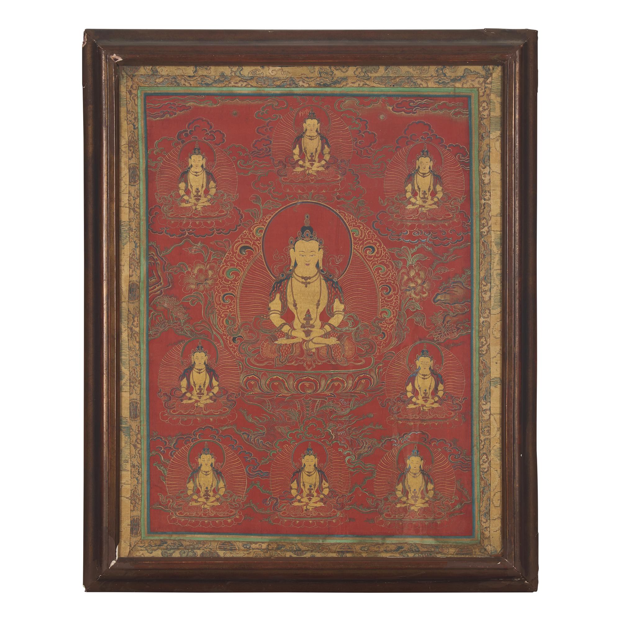 A Tibetan Red-Ground Thangka Depicting Amitayus, Late 18th/19th Century 十八/十九世紀 無量壽佛唐卡