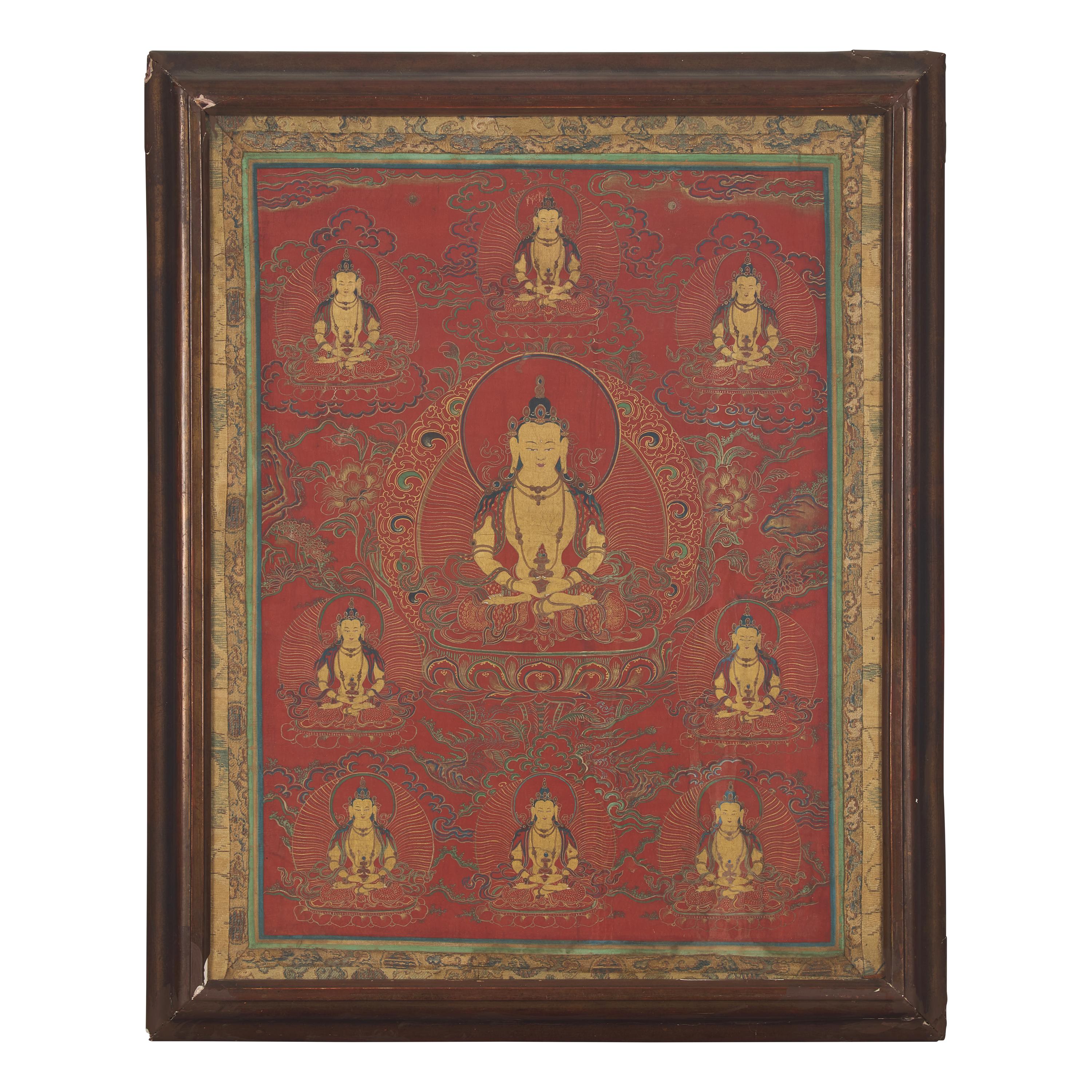 A Tibetan Red-Ground Thangka Depicting Amitayus, Late 18th/19th Century 十八/十九世紀 無量壽佛唐卡