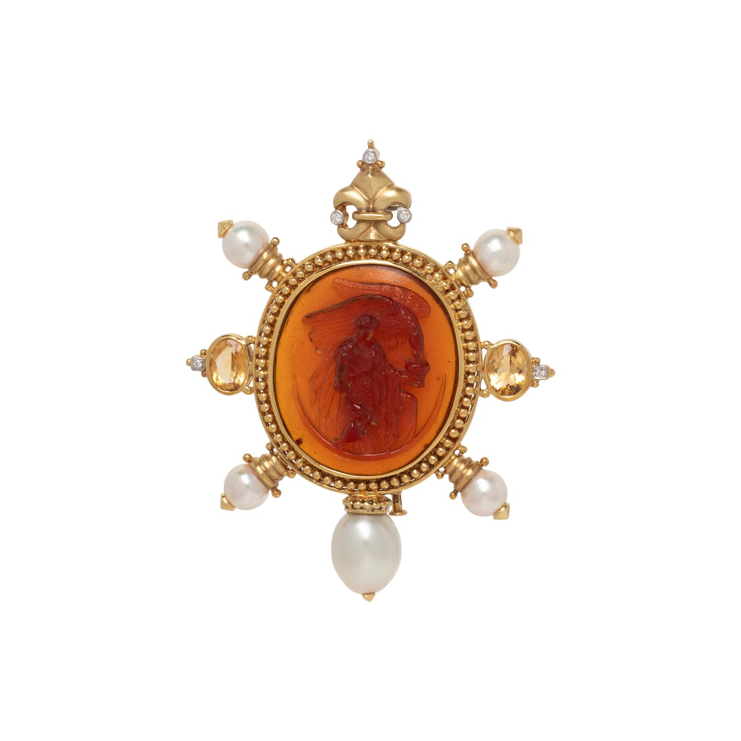 GOLD, DIAMOND, CULTURED PEARL, CITRINE, AND GLASS CAMEO BROOCH