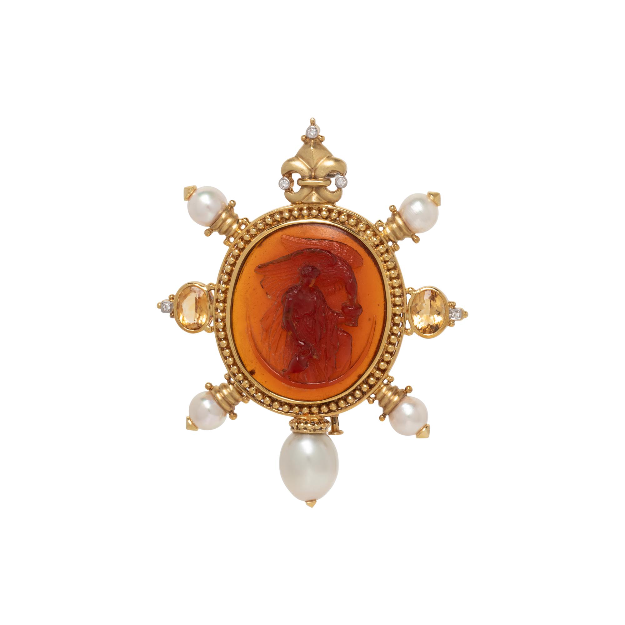 GOLD, DIAMOND, CULTURED PEARL, CITRINE, AND GLASS CAMEO BROOCH