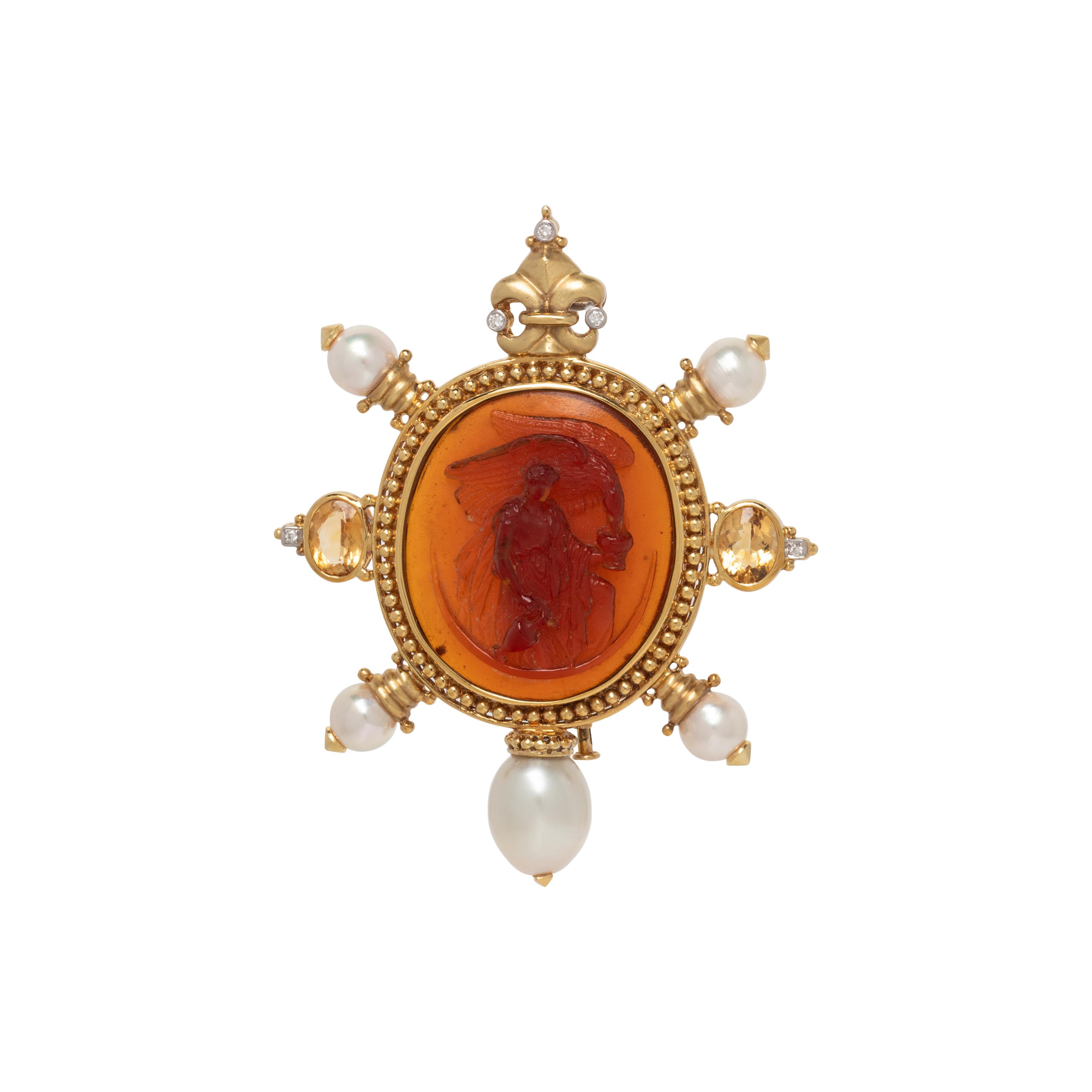 GOLD, DIAMOND, CULTURED PEARL, CITRINE, AND GLASS CAMEO BROOCH