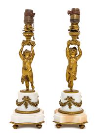 A Pair of Louis XVI Style Gilt Bronze and Marble Figural Lamps, Height 22 inches.