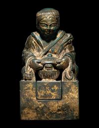An Unusual Set of Two Parcel-Gilt Wood ' Liuhai and Toad' Seals