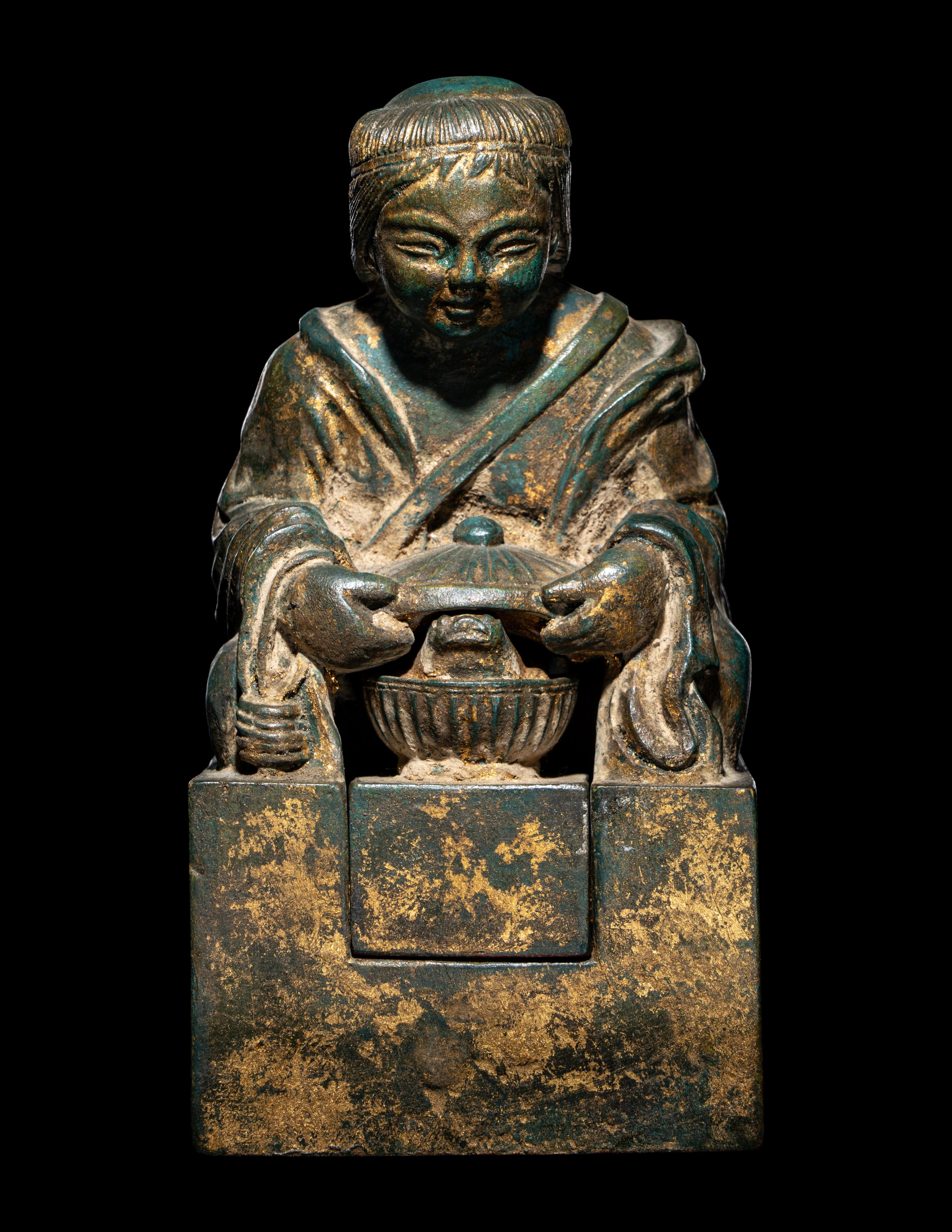 An Unusual Set of Two Parcel-Gilt Wood ' Liuhai and Toad' Seals