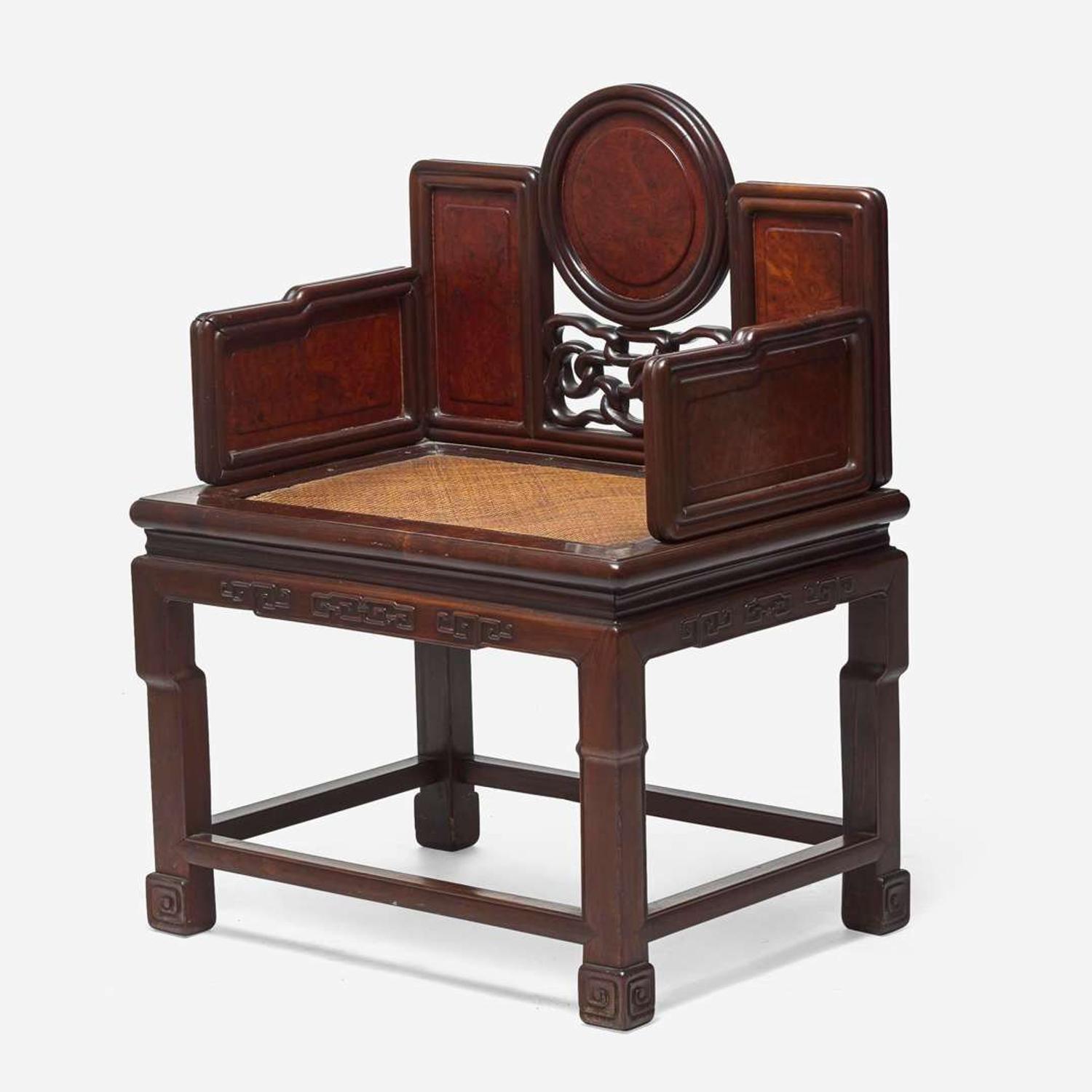 A Chinese carved hardwood and huamu armchair 硬木搭红木扶手椅一件 Late 19th/20th century ??????????