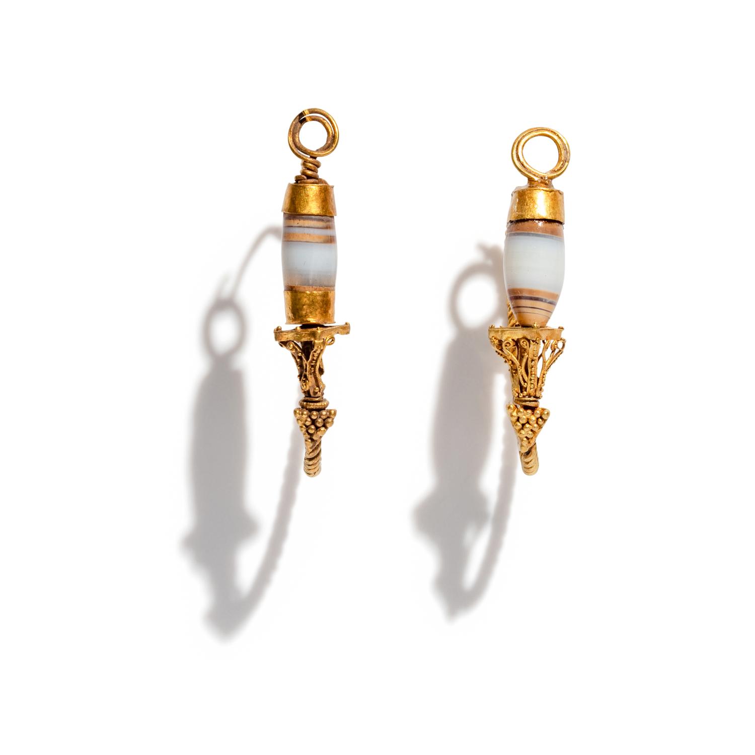 A Pair of Roman Agate and Gold Hoop Earrings