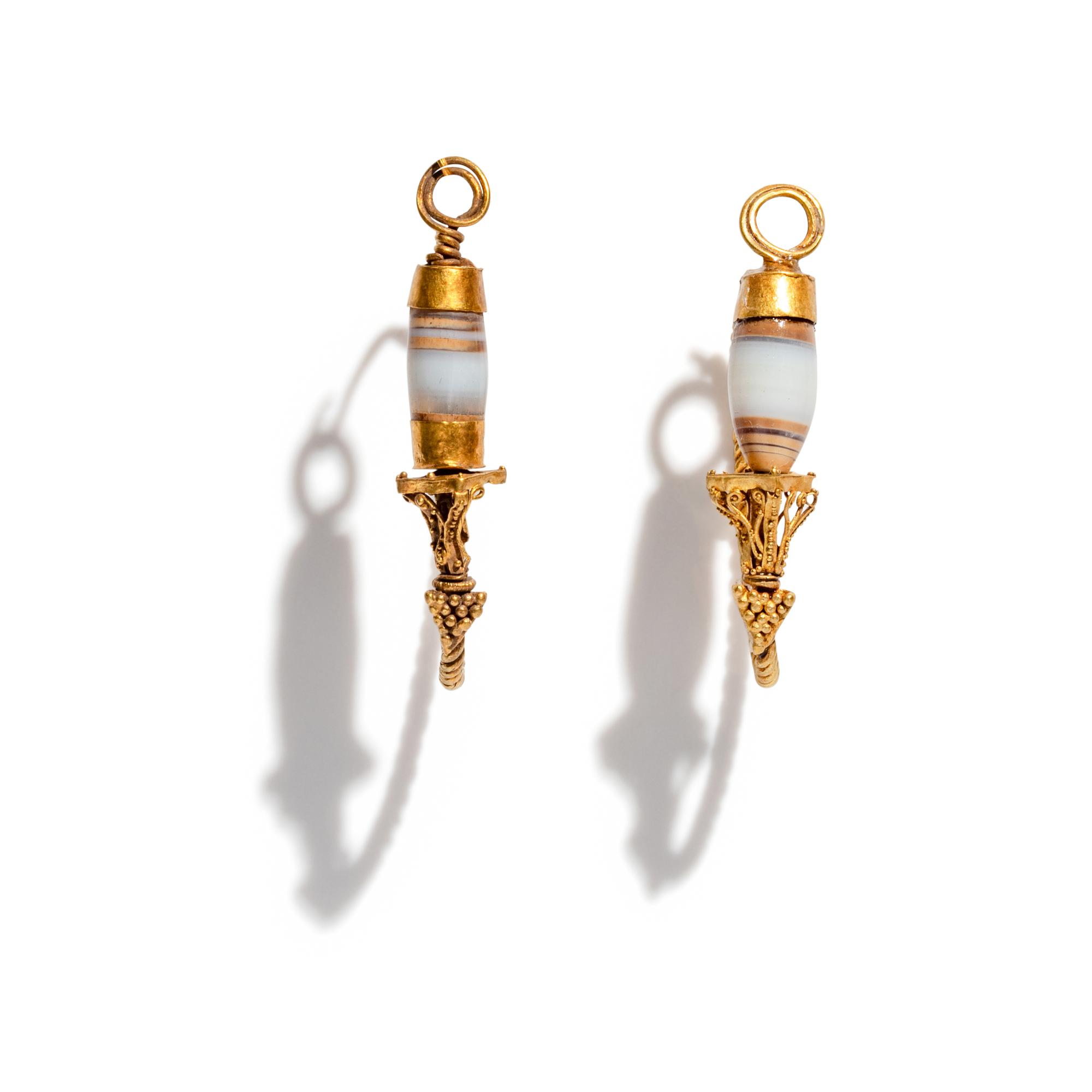 A Pair of Roman Agate and Gold Hoop Earrings