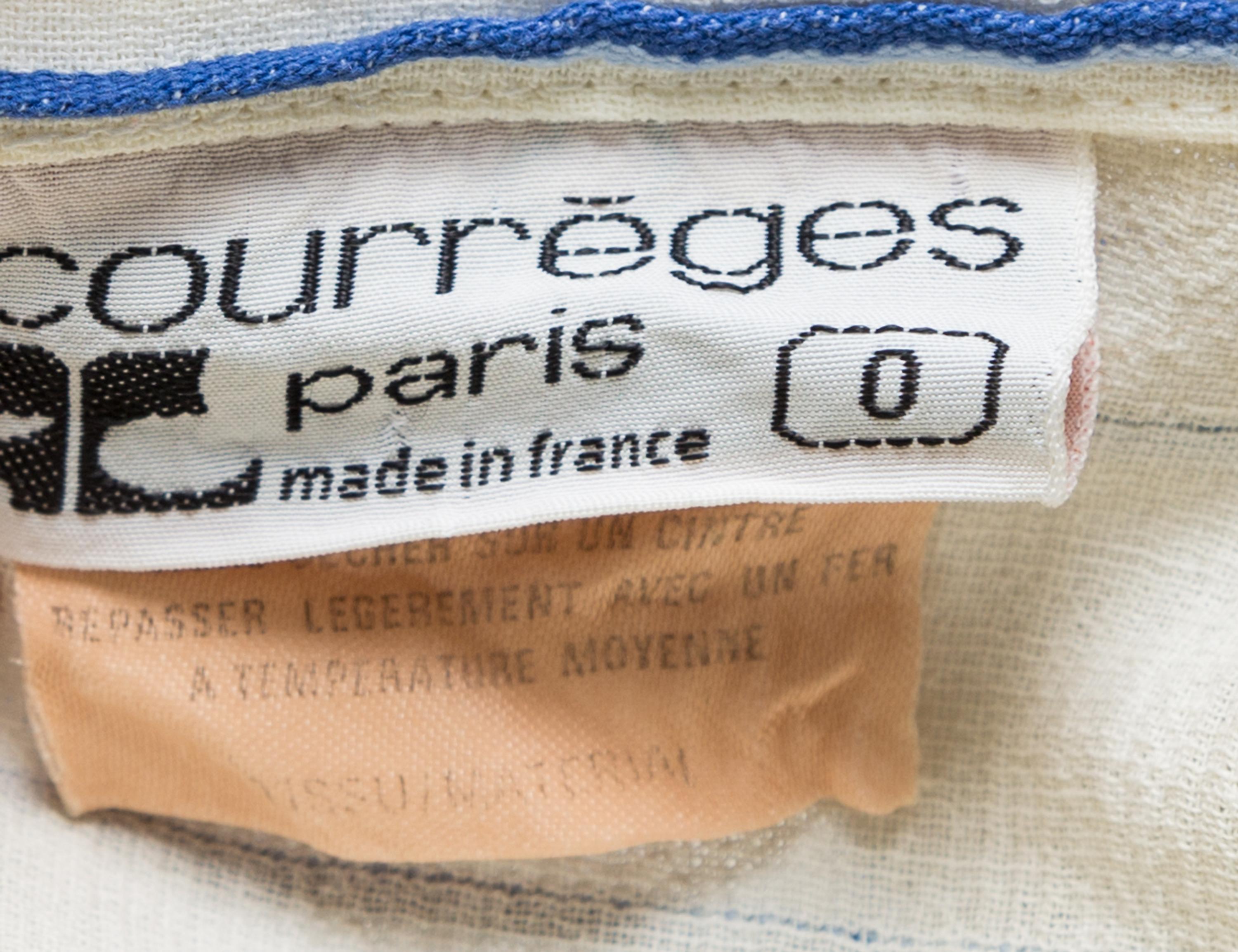 A Courreges Cream and Blue Cotton Striped Dress, Size 0; Belt: 24" - 26.5" x 1.25".