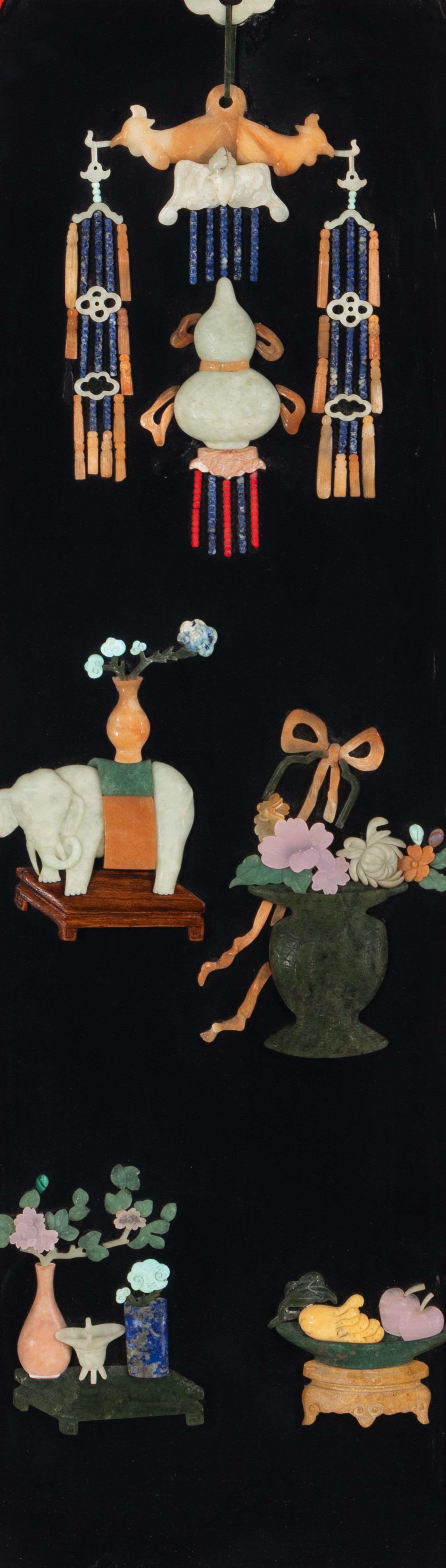 A Chinese Jade and Hardstone Inlaid Cinnabar Lacquered Hanging Screen, 20th Century 近代 雕漆框黑漆地嵌寳博古圖挂屏