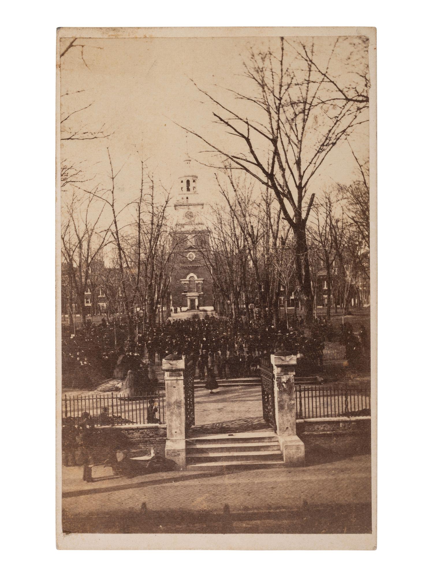[LINCOLN, Abraham (1809-1865)]. CDV featuring a large crowd gathered before Independence Hall as part of the Lincoln funeral in Philadelphia.