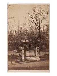 [LINCOLN, Abraham (1809-1865)]. CDV featuring a large crowd gathered before Independence Hall as part of the Lincoln funeral in Philadelphia.