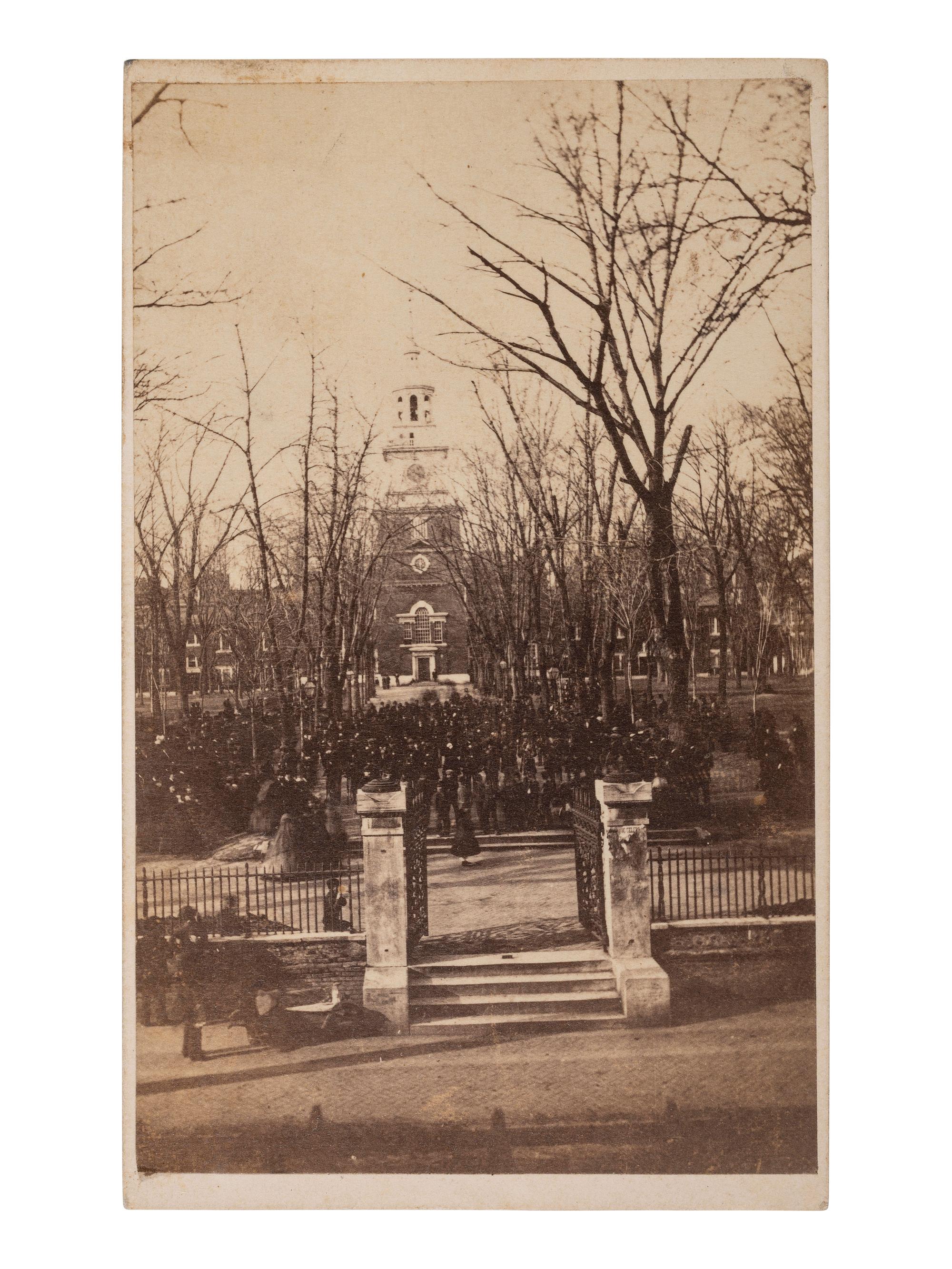 [LINCOLN, Abraham (1809-1865)]. CDV featuring a large crowd gathered before Independence Hall as part of the Lincoln funeral in Philadelphia.