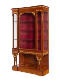 A Pair of Louis XVI Style Gilt Bronze and Metal Mounted Walnut Vitrine Cabinets