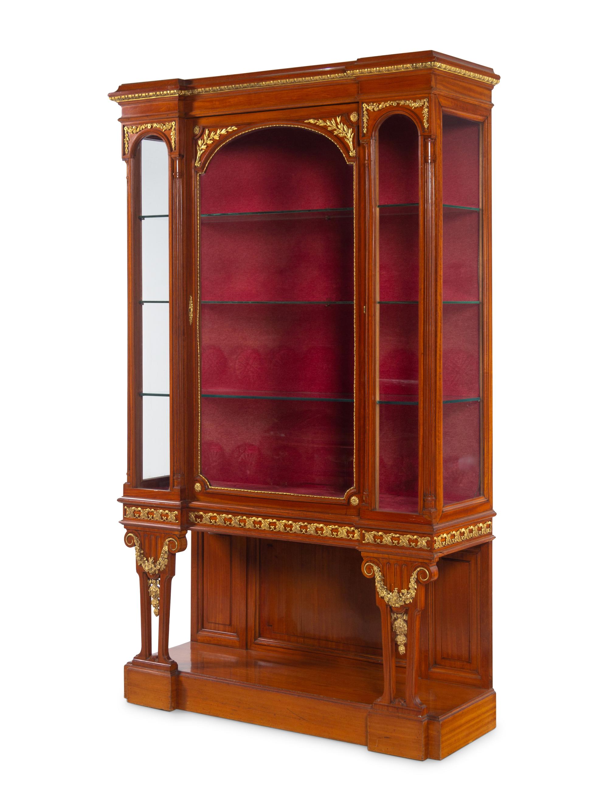 A Pair of Louis XVI Style Gilt Bronze and Metal Mounted Walnut Vitrine Cabinets