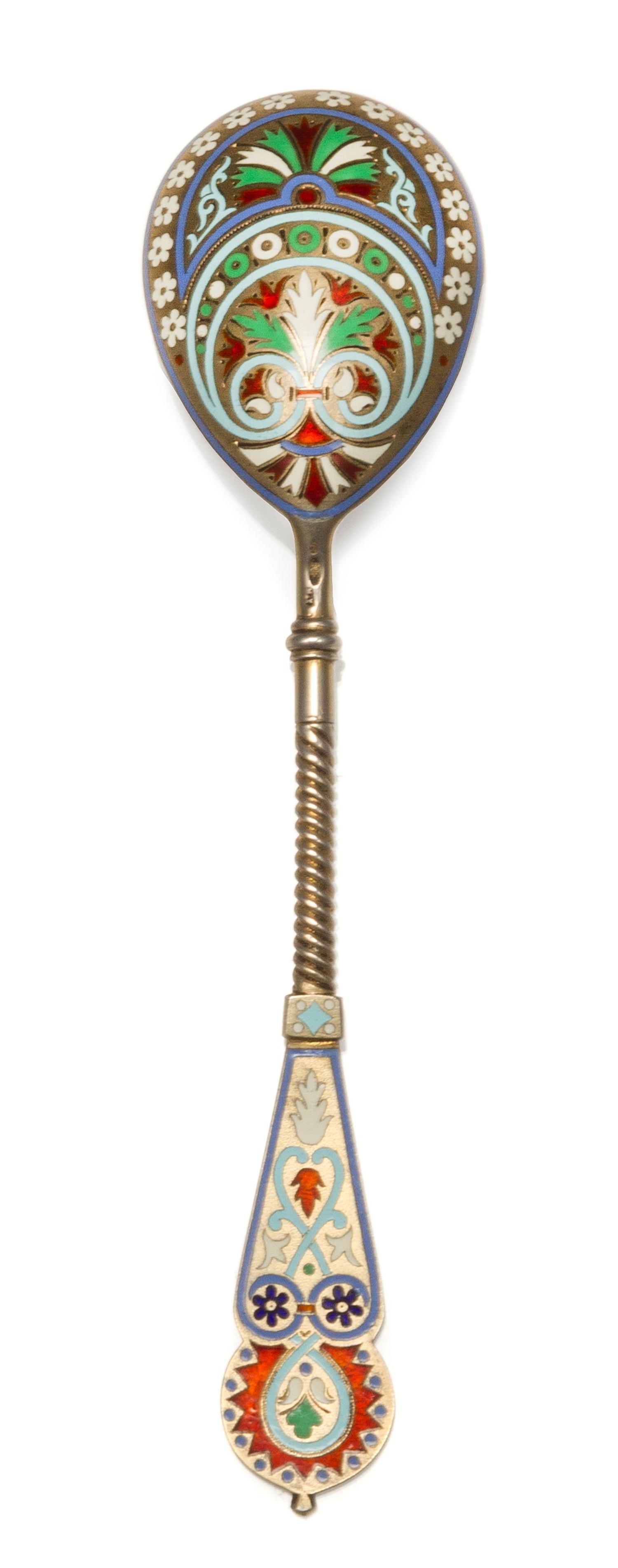 A Russian Silver-Gilt and Enamel Spoon, Maker's mark Cyrillic MCh, Moscow, early 20th century, having an enamel and twist decorated han