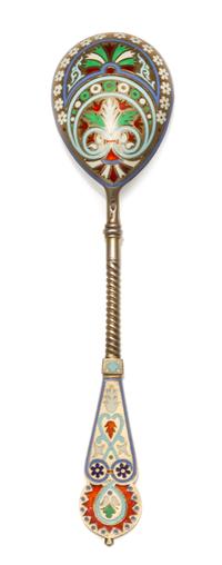 A Russian Silver-Gilt and Enamel Spoon, Maker's mark Cyrillic MCh, Moscow, early 20th century, having an enamel and twist decorated han