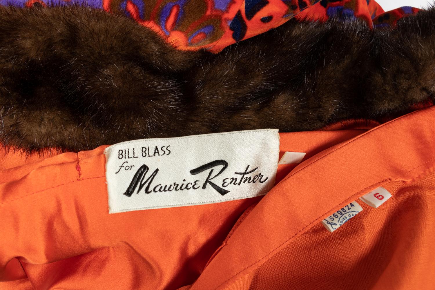 Bill Blass for Maurice Rentner Floral Velvet Coat & Dress Ensemble with Mink Trim, 1960s