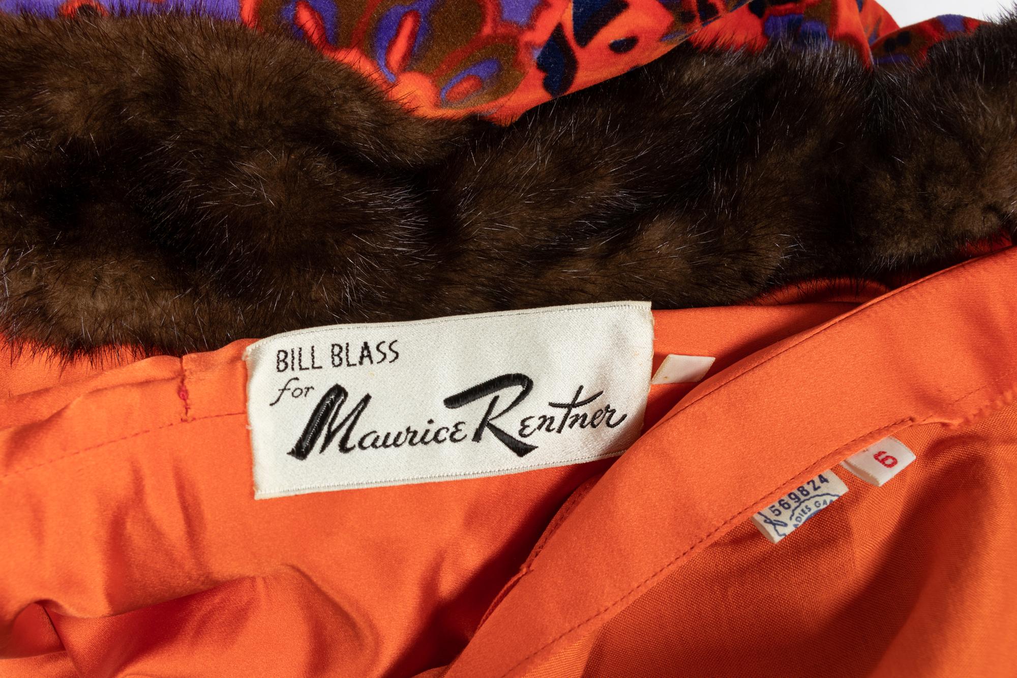 Bill Blass for Maurice Rentner Floral Velvet Coat & Dress Ensemble with Mink Trim, 1960s