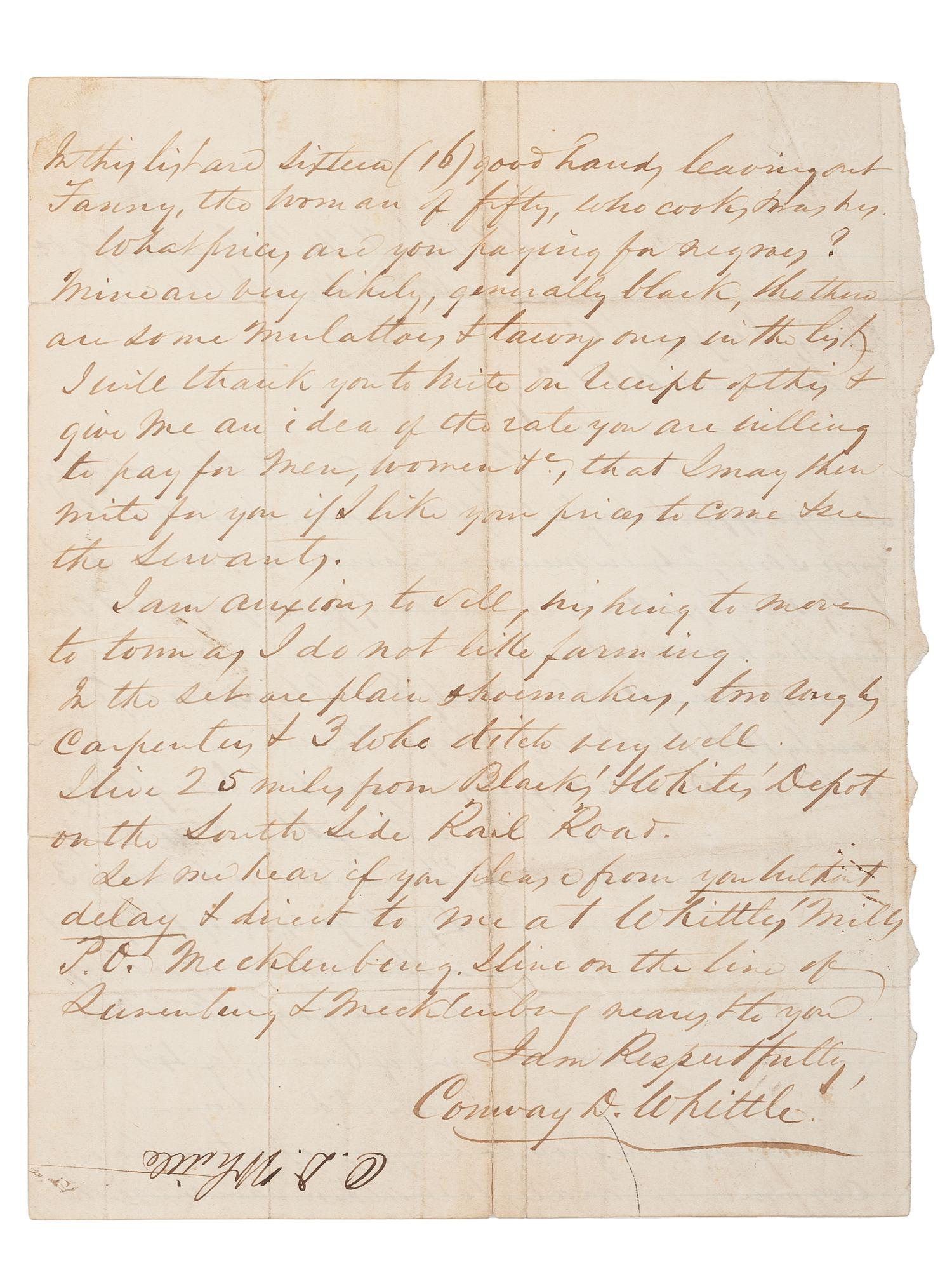 [SLAVERY & ABOLITION]. A letter from Dr. Conway D. Whittle (1809-1891) offering to sell 24 enslaved persons to the firm Davis Deupree & Co. of Richmond, Virginia. Mecklenberg County, Virginia. 2 November 1860.