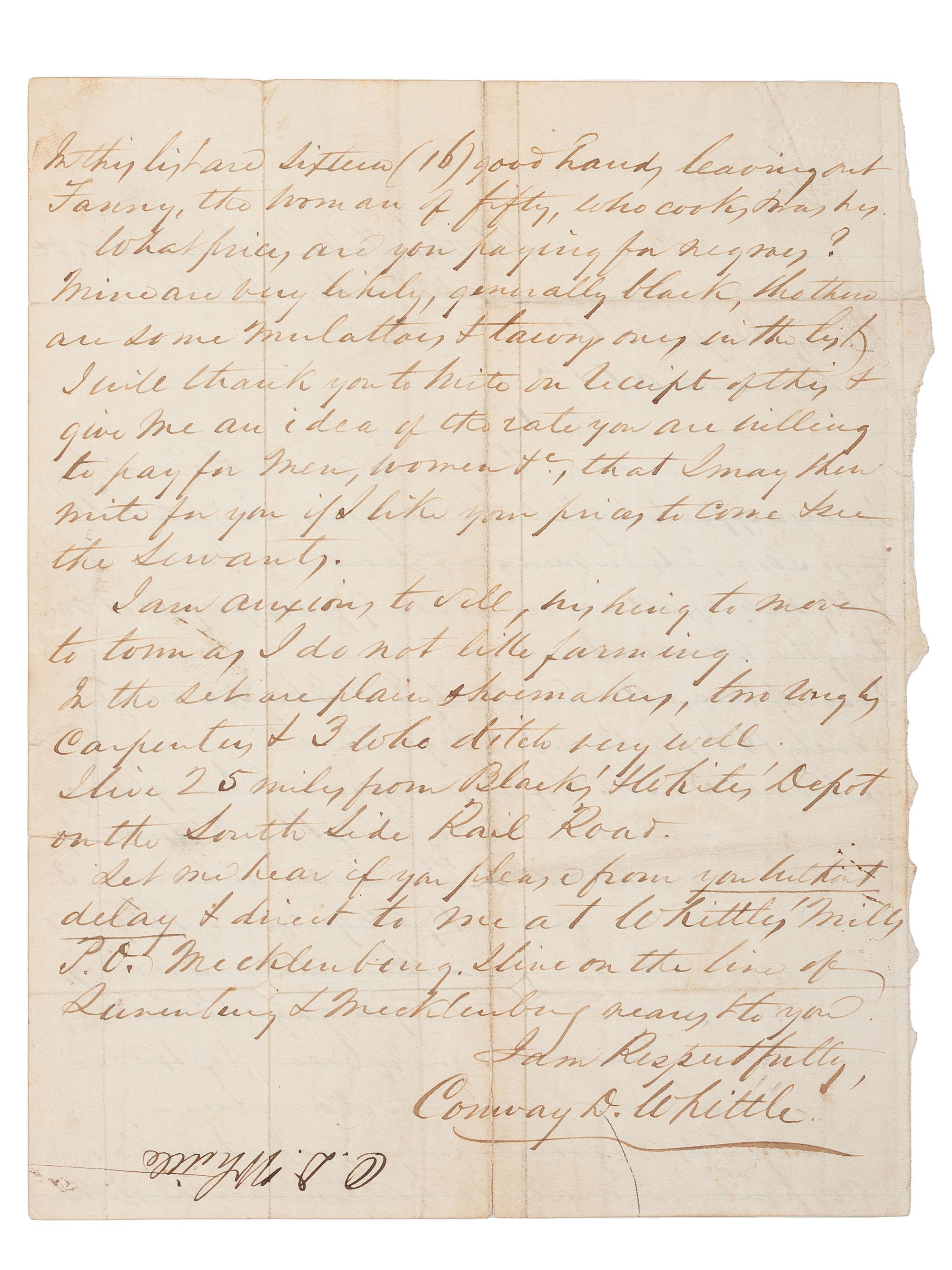 [SLAVERY & ABOLITION]. A letter from Dr. Conway D. Whittle (1809-1891) offering to sell 24 enslaved persons to the firm Davis Deupree & Co. of Richmond, Virginia. Mecklenberg County, Virginia. 2 November 1860.