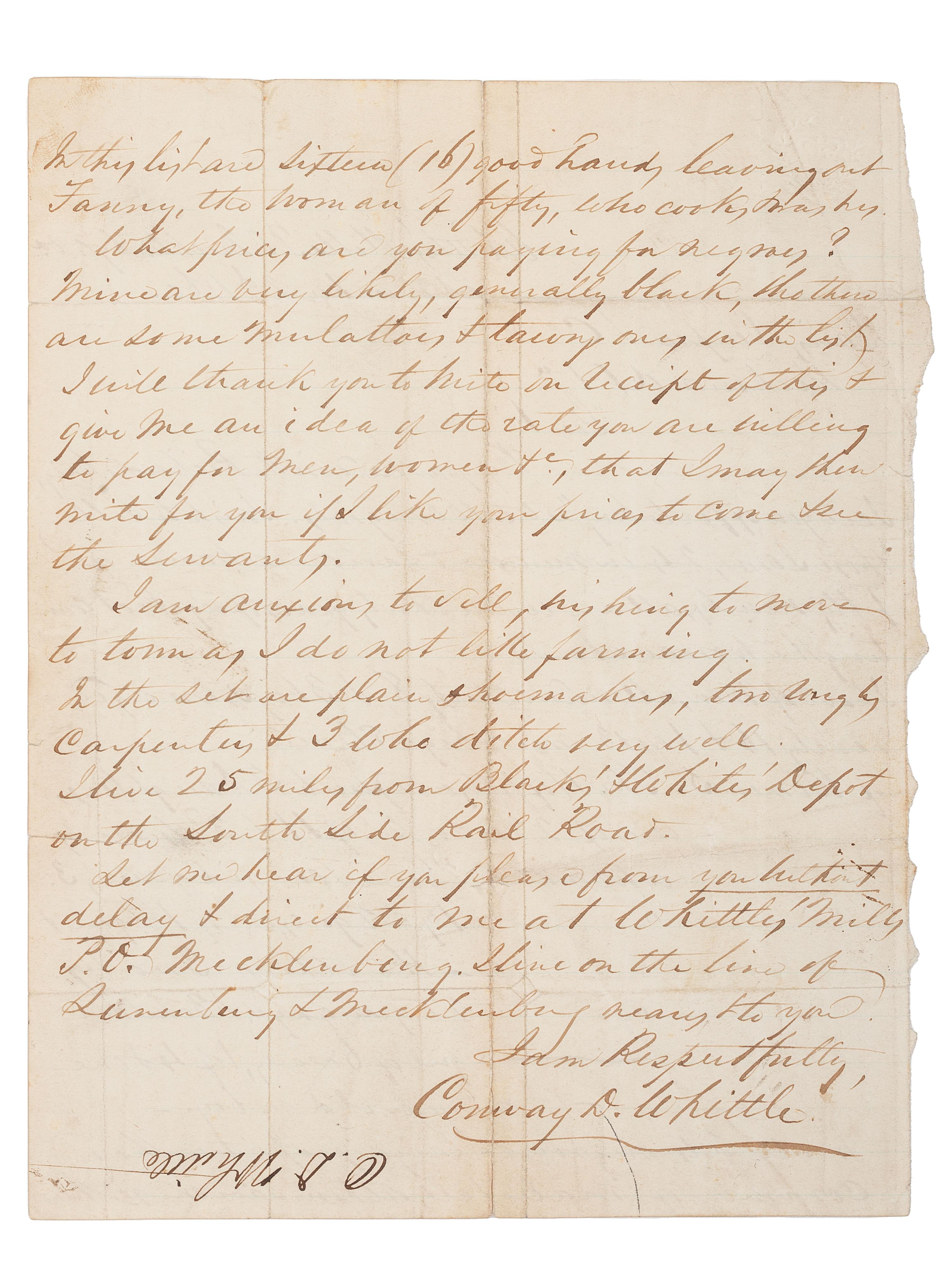 [SLAVERY & ABOLITION]. A letter from Dr. Conway D. Whittle (1809-1891) offering to sell 24 enslaved persons to the firm Davis Deupree & Co. of Richmond, Virginia. Mecklenberg County, Virginia. 2 November 1860.