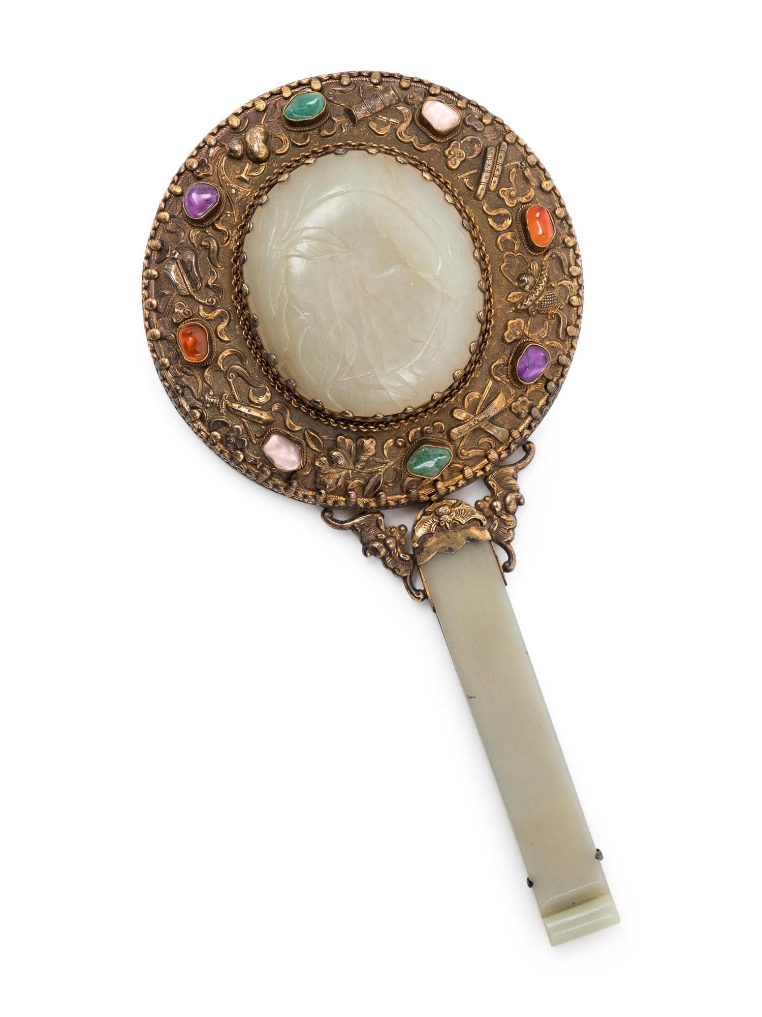 A Jade and Hardstone Embellished Gilt Metal Hand Mirror