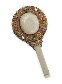 A Jade and Hardstone Embellished Gilt Metal Hand Mirror