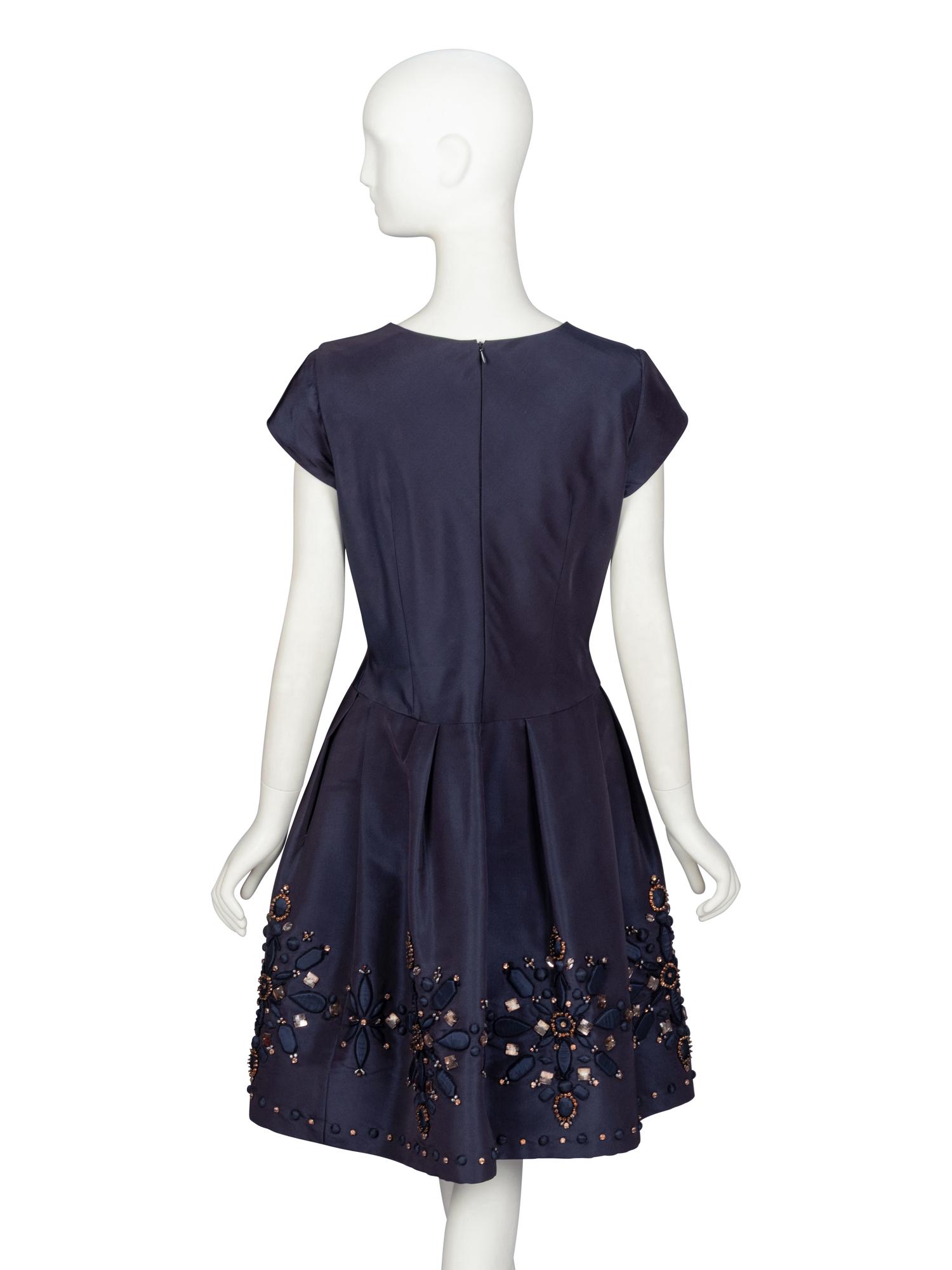Oscar de la Renta, Embellished Navy Silk Dress