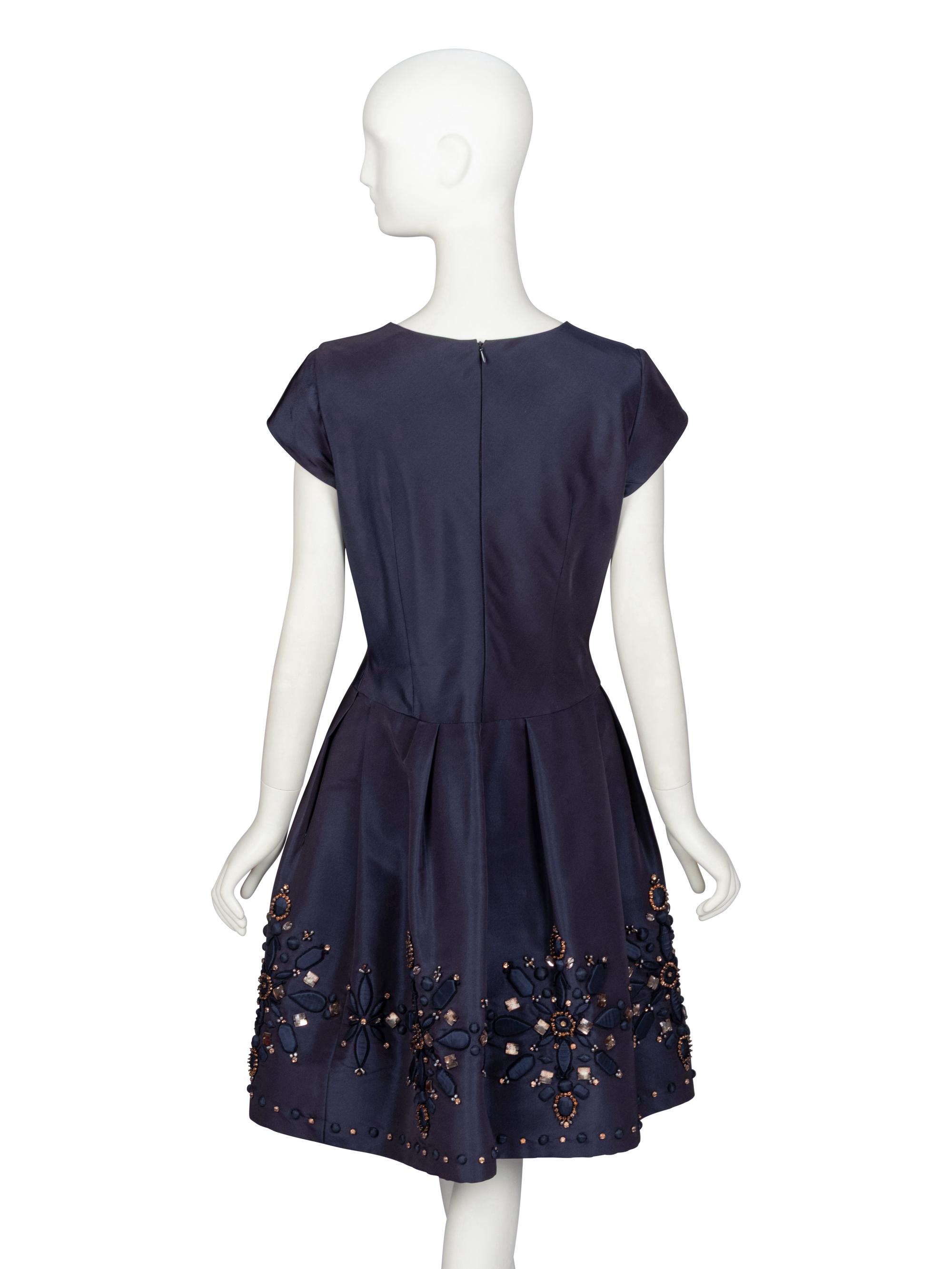 Oscar de la Renta, Embellished Navy Silk Dress