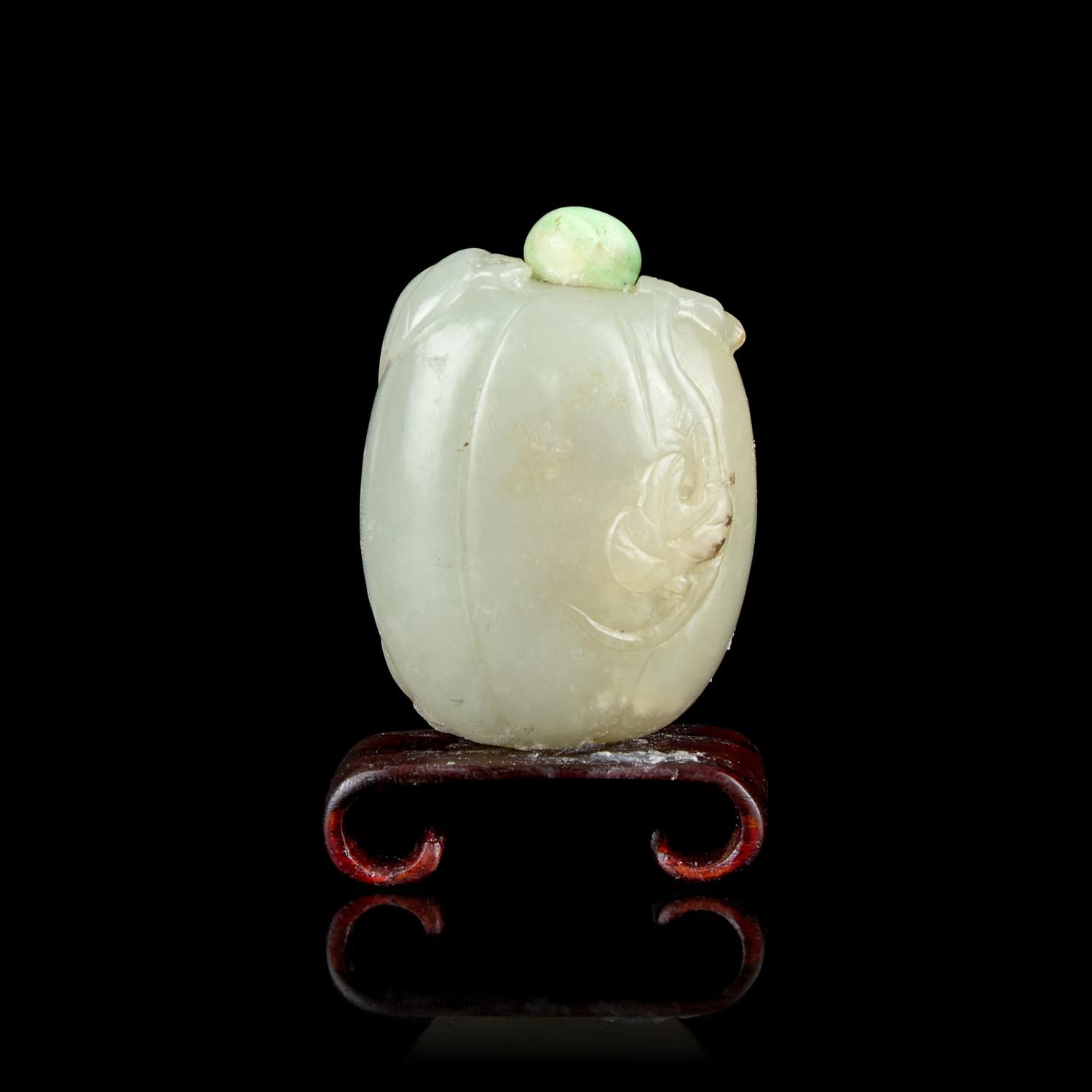 A Chinese Carved Celadon Melon-Form Snuff Bottle 青玉瓜形鼻煙壺