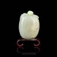 A Chinese Carved Celadon Melon-Form Snuff Bottle 青玉瓜形鼻煙壺