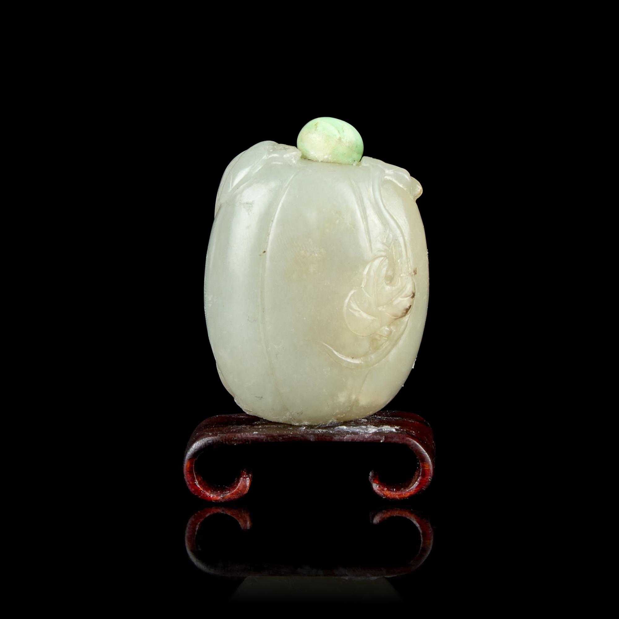A Chinese Carved Celadon Melon-Form Snuff Bottle 青玉瓜形鼻煙壺