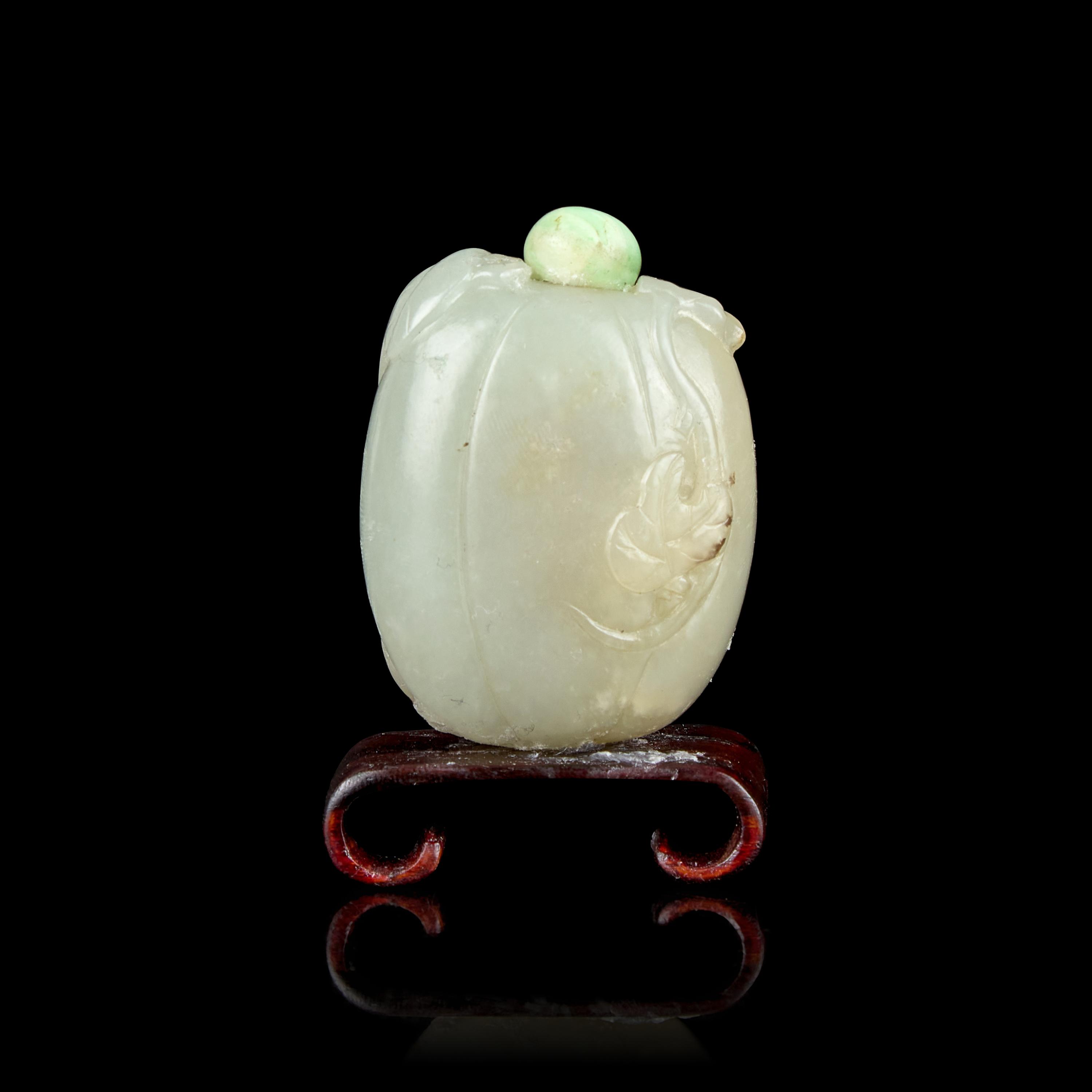 A Chinese Carved Celadon Melon-Form Snuff Bottle 青玉瓜形鼻煙壺