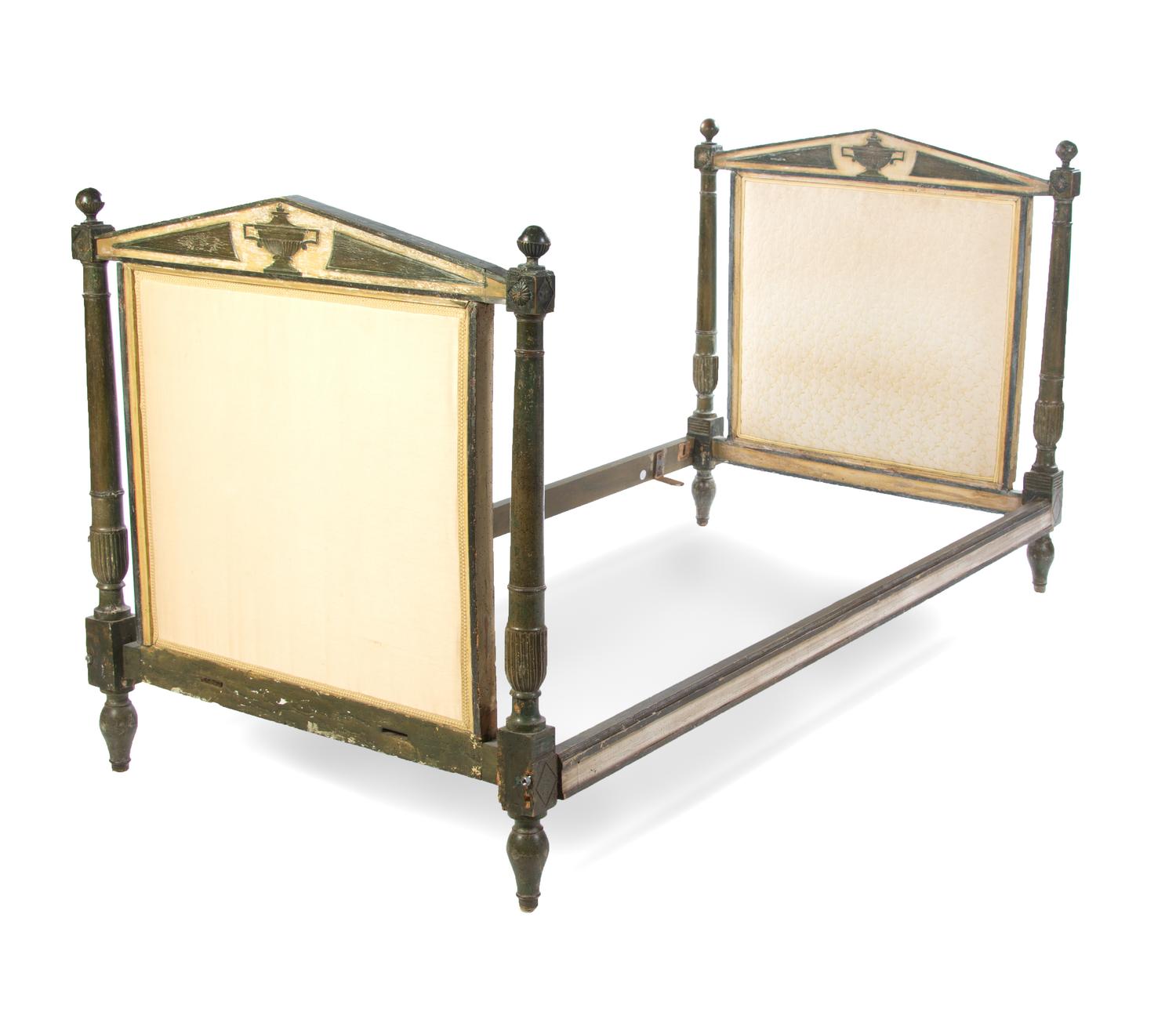 A Louis XVI Cream and Green Painted Bed, 18TH CENTURY, Height 43 1/2 x width 40 5/8 x depth 80 3/8 inches. — 18TH CENTURY,