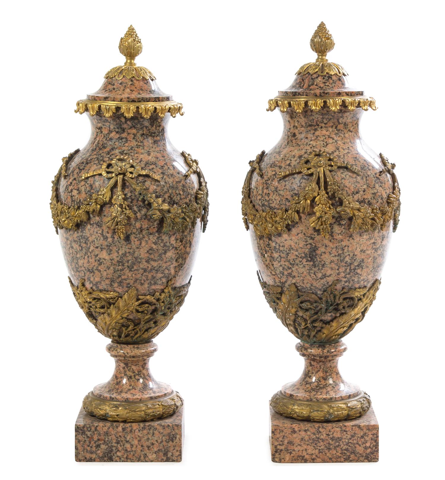 A Pair of Large French Gilt Bronze Mounted Marble Urns Height 29 1/2 inches. — LATE 19TH CENTURY