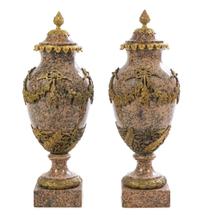 A Pair of Large French Gilt Bronze Mounted Marble Urns Height 29 1/2 inches. — LATE 19TH CENTURY