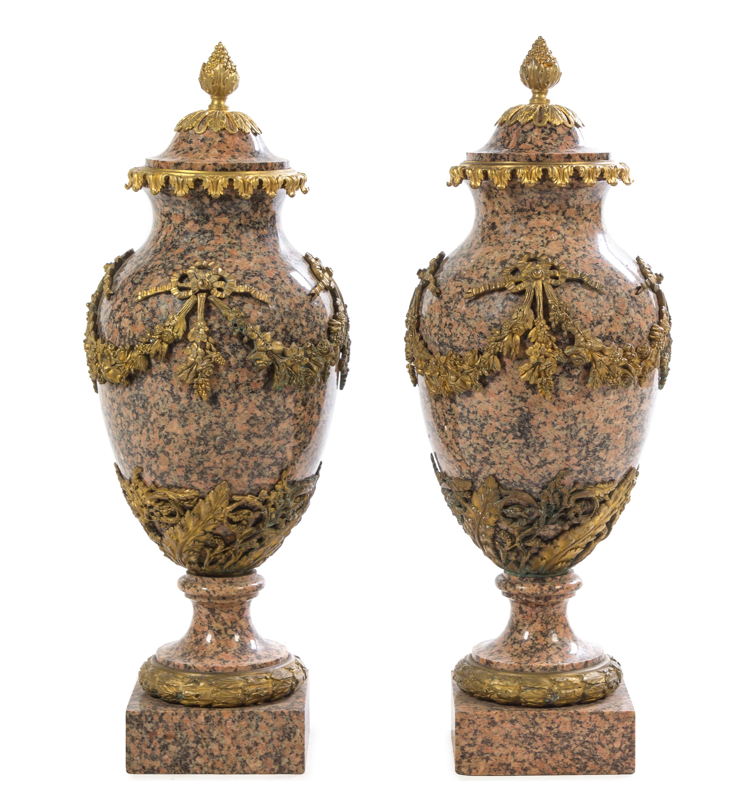 A Pair of Large French Gilt Bronze Mounted Marble Urns Height 29 1/2 inches. — LATE 19TH CENTURY