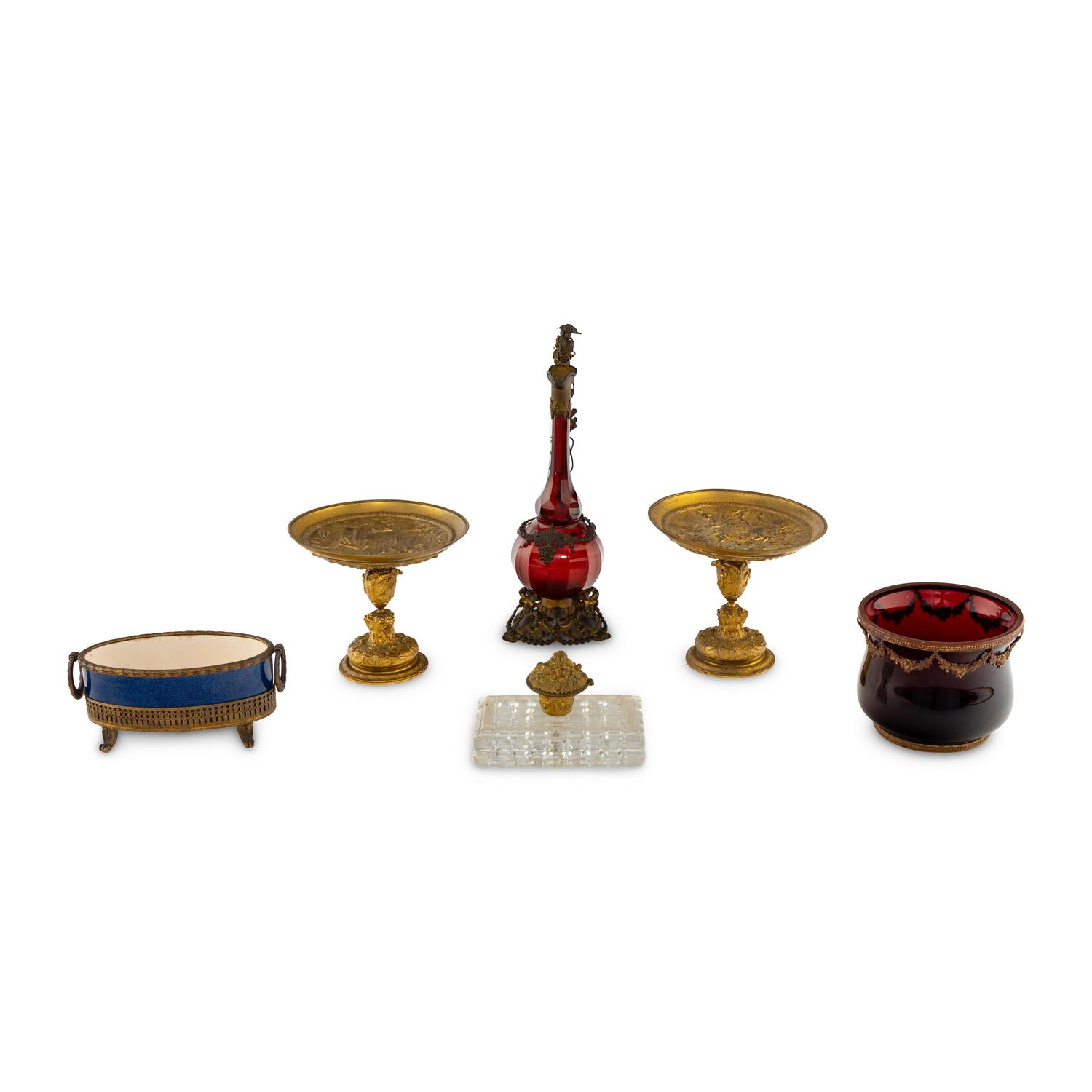 A Group of Continental Gilt Metal, Porcelain and Glass Table Articles