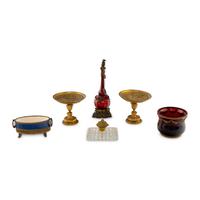 A Group of Continental Gilt Metal, Porcelain and Glass Table Articles