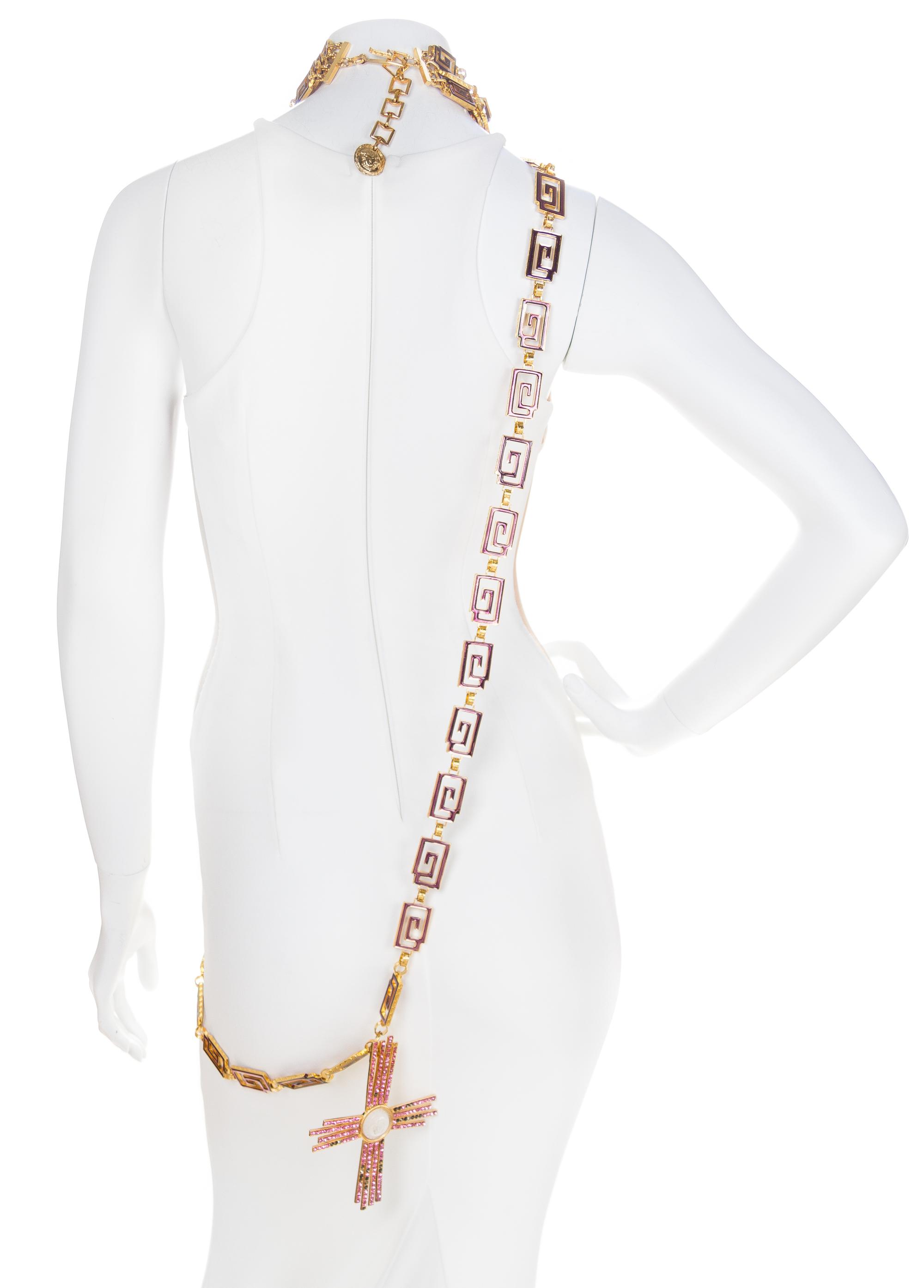 A Gianni Versace Purple Rhinestone Heart Choker and Chain Belt, Heart: 4" x 3.5"; Crosses: 5.5" x 4.5".