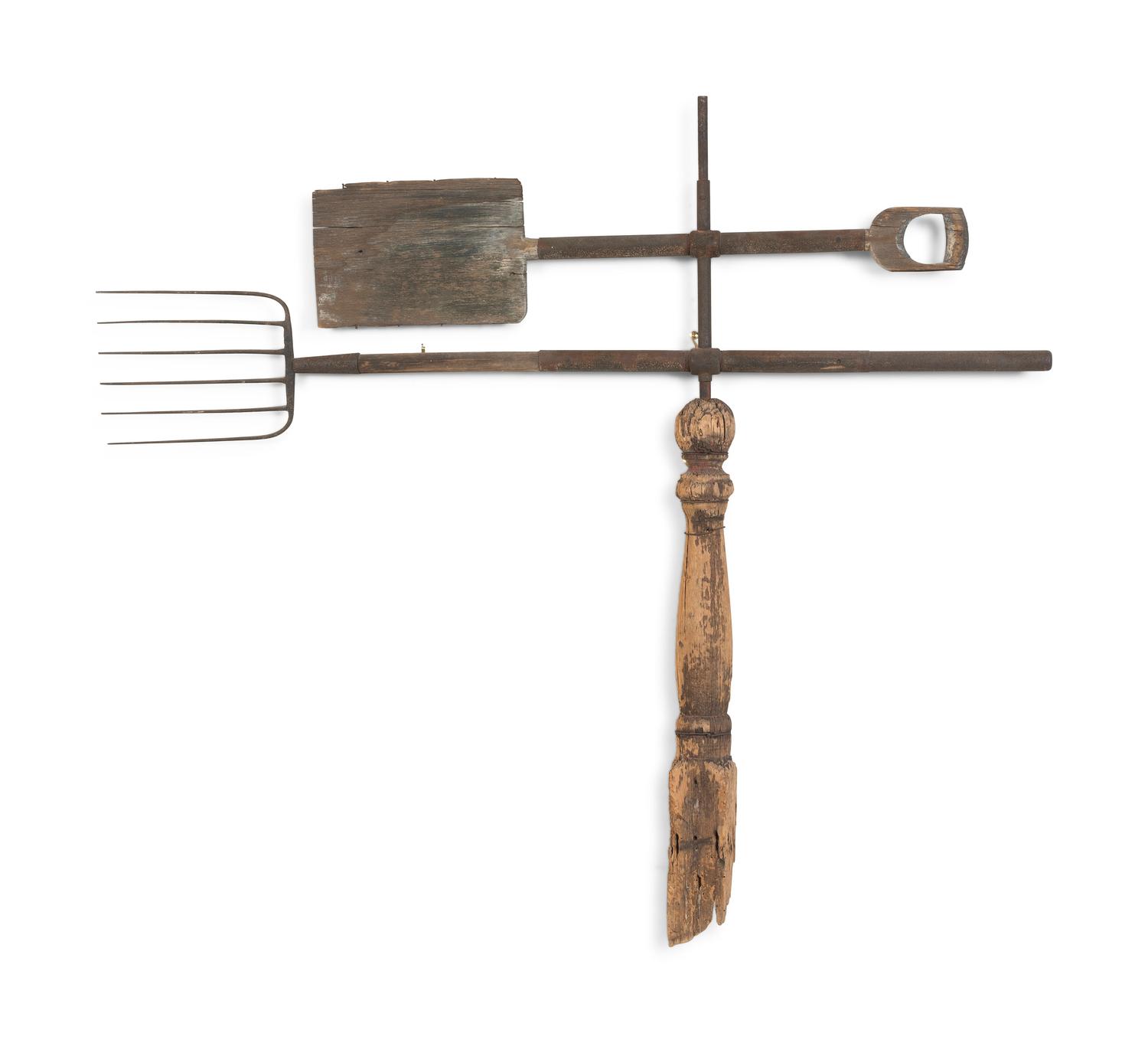 A Rare, Vernacular Carved Pine and Wrought Iron Apple Shovel and Pitchfork Weathervane