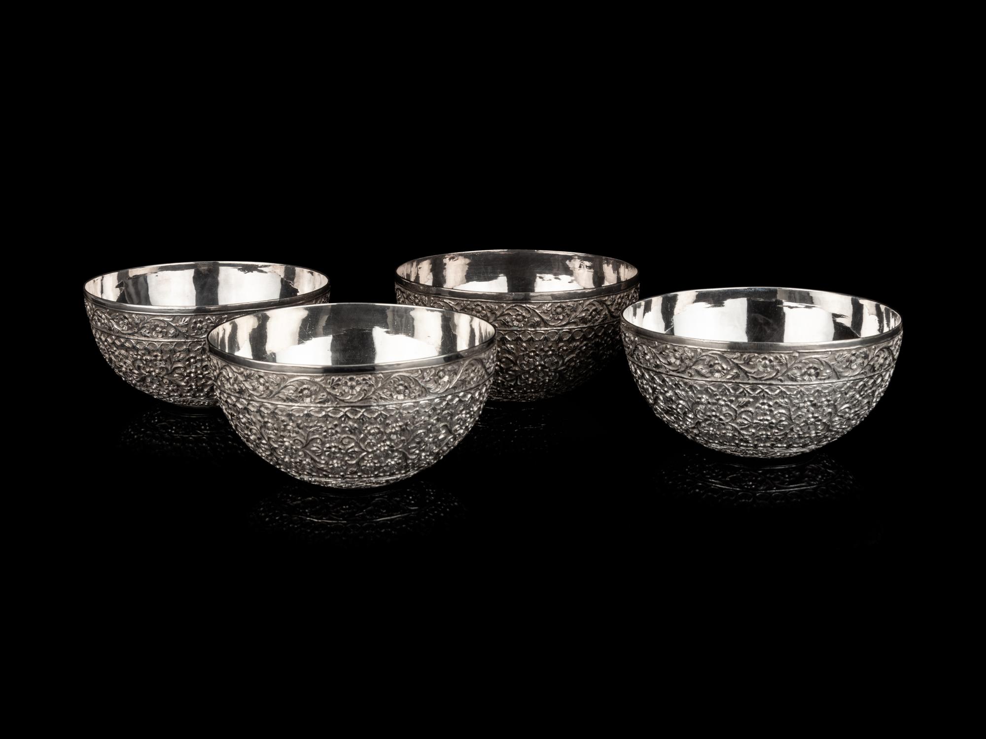Four Indian Chased Silver Bowls