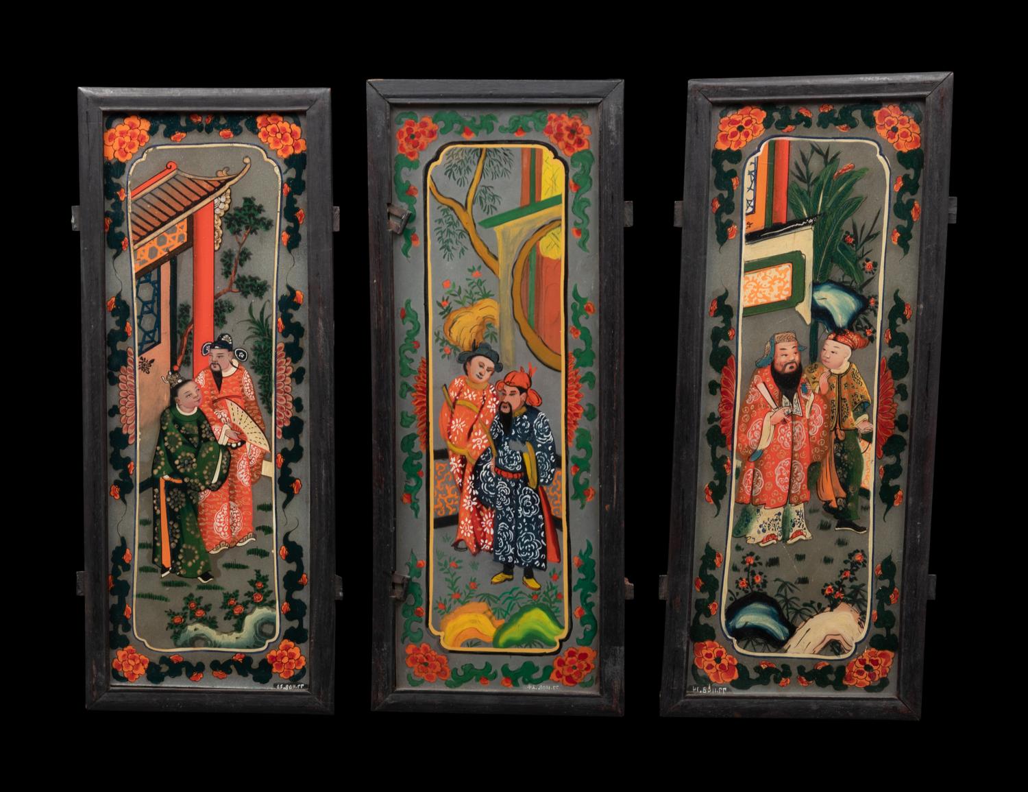 Three Chinese Painted on Glass and Wood Lanterns