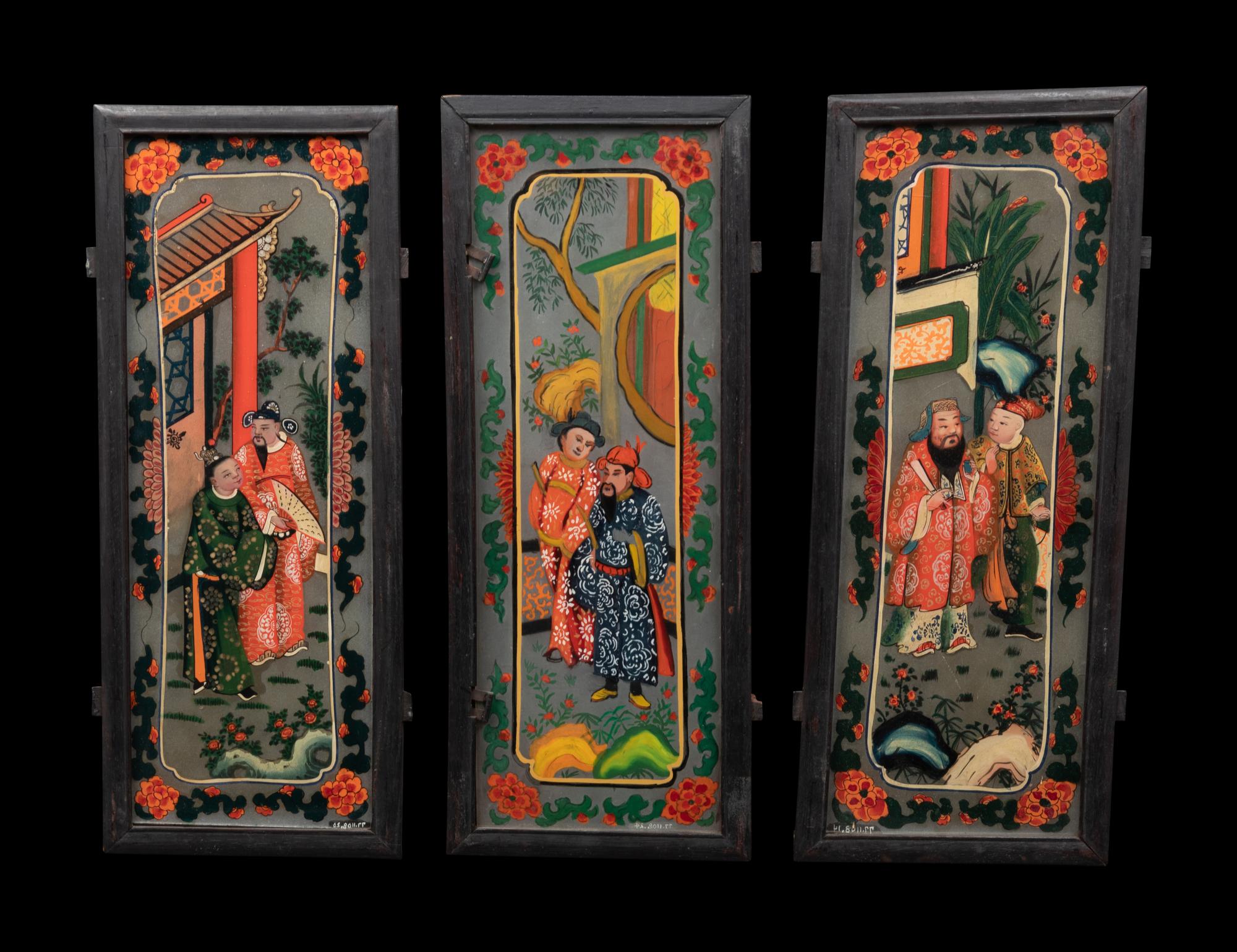 Three Chinese Painted on Glass and Wood Lanterns